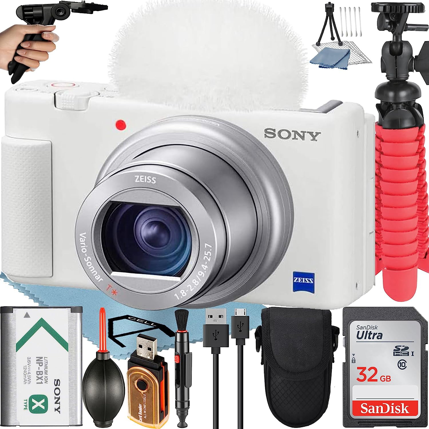 Sony ZV-1 Compact Digital Camera For Content Creators 4K HDR Video with Wind Screen + 32GB Memory Card + Case + Tripod + ZeeTech Accessory Bundle (White)