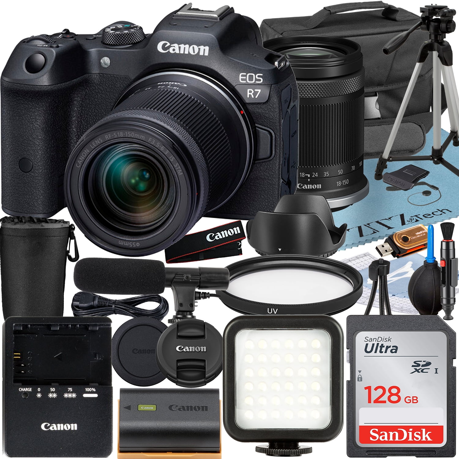 Canon EOS R7 Mirrorless Camera with RF-S 18-150mm Lens + SanDisk 128GB Memory Card + Case + LED Flash + ZeeTech Accessory Bundle