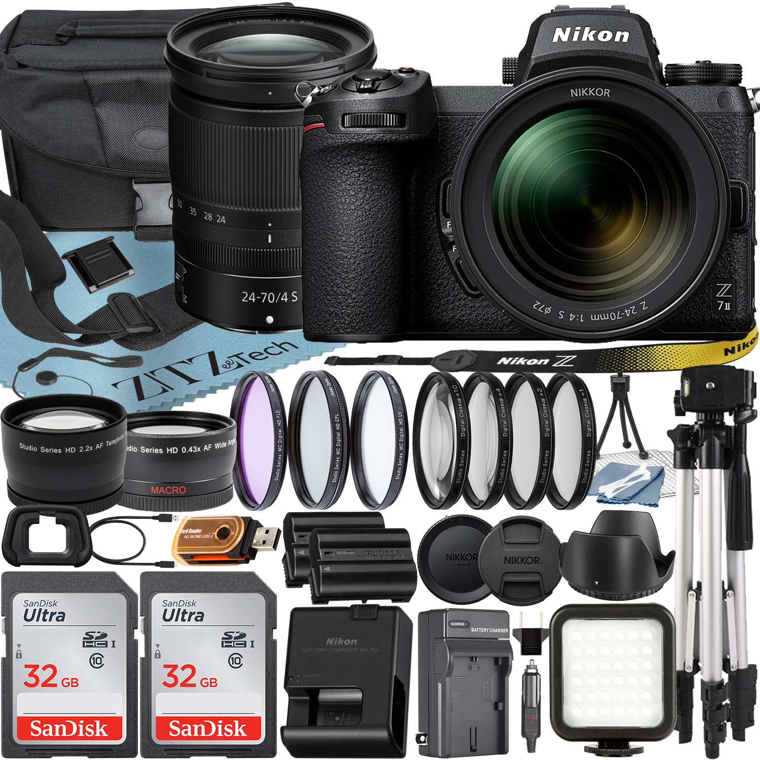 Nikon Z7 II Mirrorless Camera with NIKKOR Z 24-70mm f/4 S Lens + SanDisk 32GB Card + Case + Telephoto + Tripod + ZeeTech Accessory Bundle