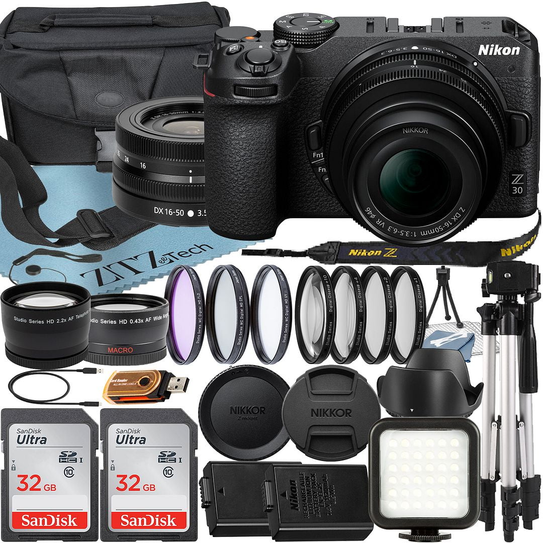 Nikon Z30 Mirrorless Camera with NIKKOR Z DX 16-50mm VR Zoom Lens + SanDisk 32GB Card + Case + Telephoto + Tripod + ZeeTech Accessory Bundle