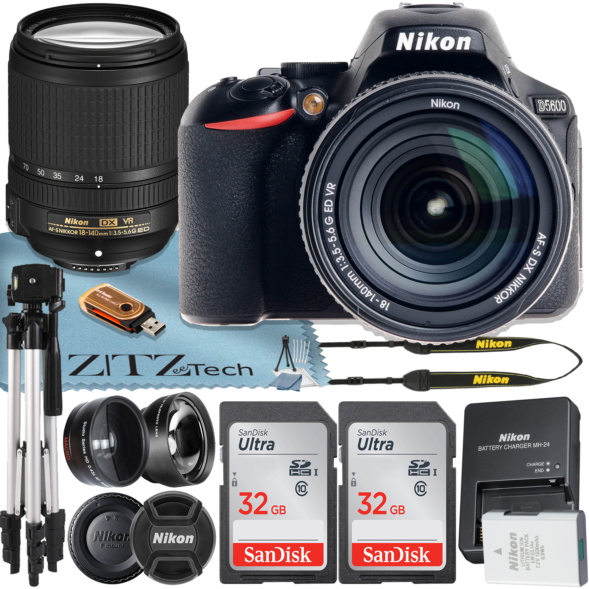 Nikon D5600 DSLR Camera 24.2MP DX-Format with 18-140mm Lens + 2 Pcs SanDisk 32GB Memory Card + Tripod + ZeeTech Accessory Bundle