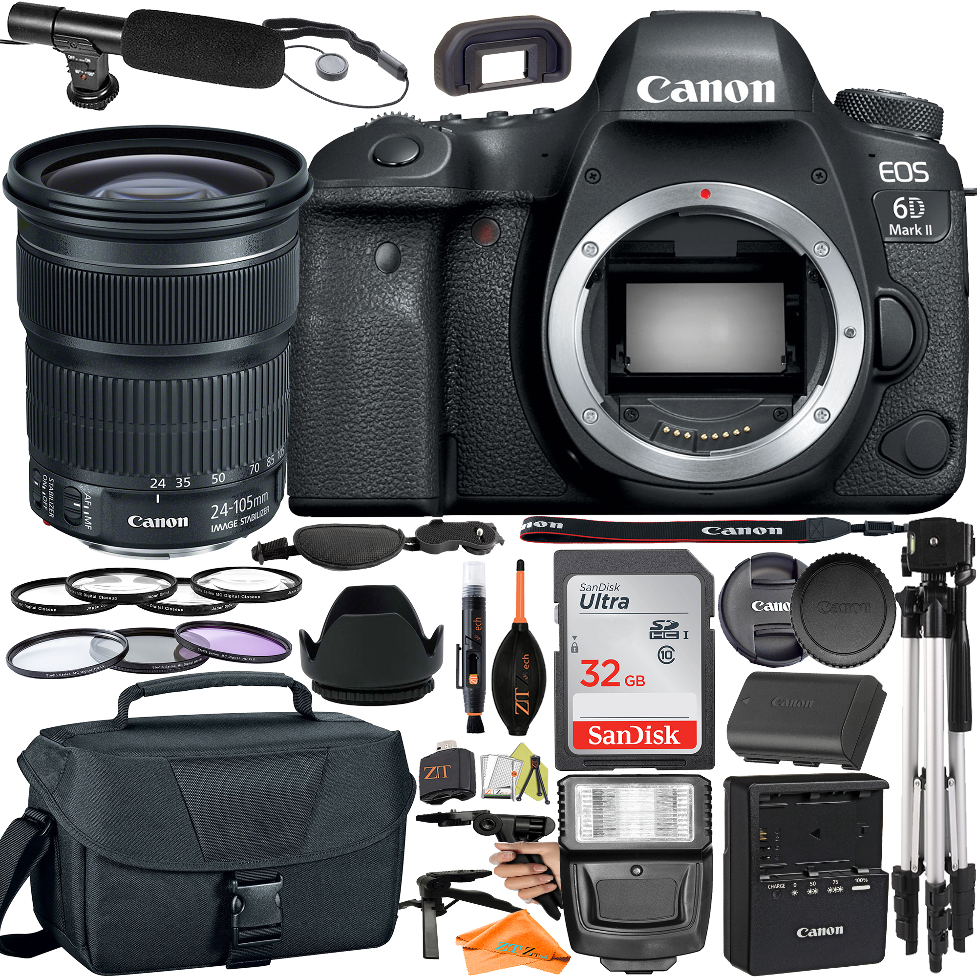 Canon EOS 6D Mark II DSLR Camera with 24-105mm Lens + SanDisk 32GB + Microphone + Flash + ZeeTech Accessory Bundle