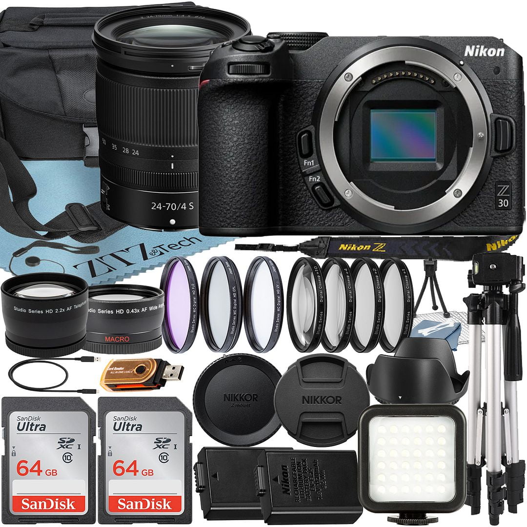 Nikon Z30 Mirrorless Camera with NIKKOR Z 24-70mm f/4 S Lens + SanDisk 64GB Card + Case + Telephoto + Tripod + ZeeTech Accessory Bundle