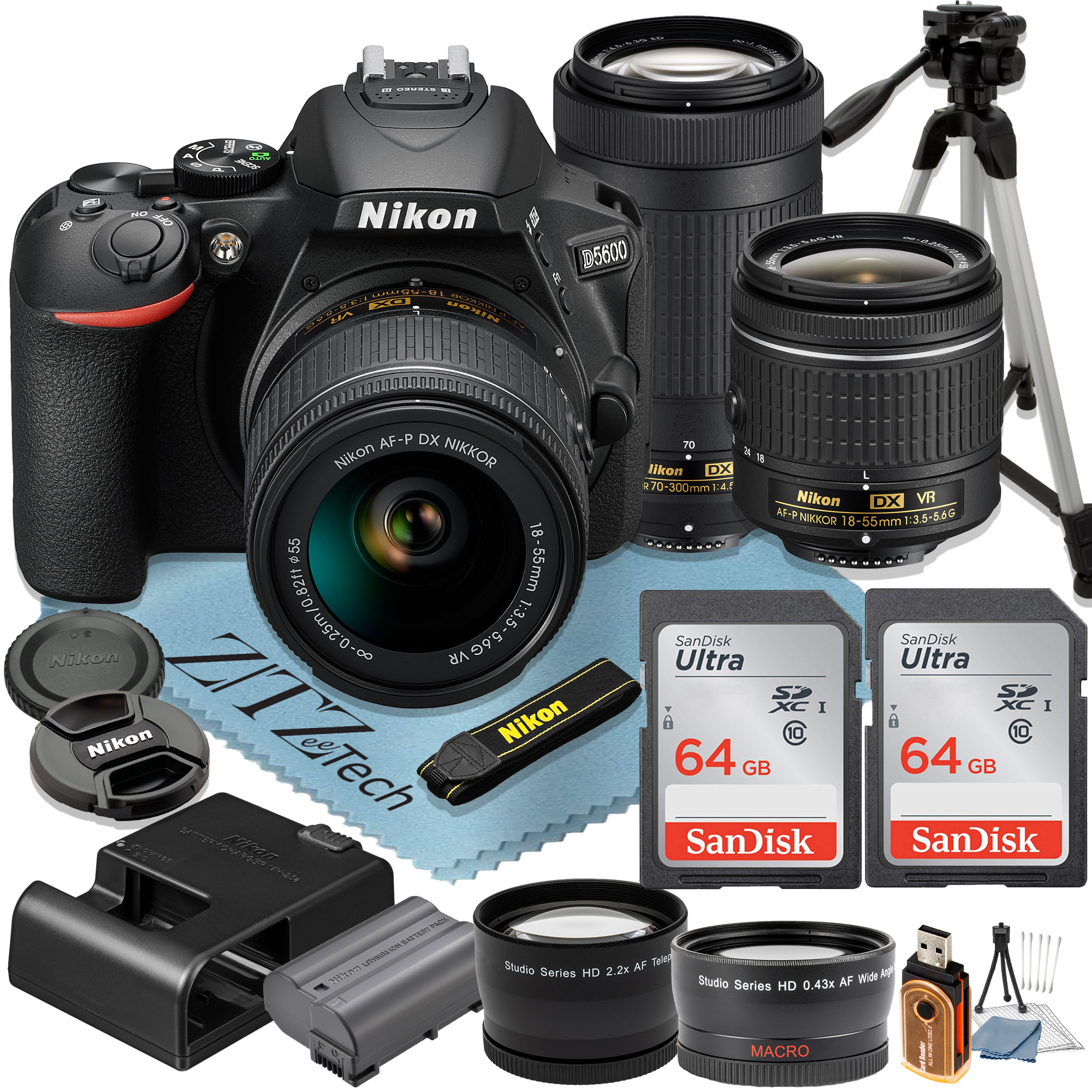 Nikon D5600 DSLR Camera with  18-55mm + 70-300mm Lens + 2 Pcs SanDisk 64GB Memory Cards + Tripod + Wideangle + ZeeTech Accessory Bundle