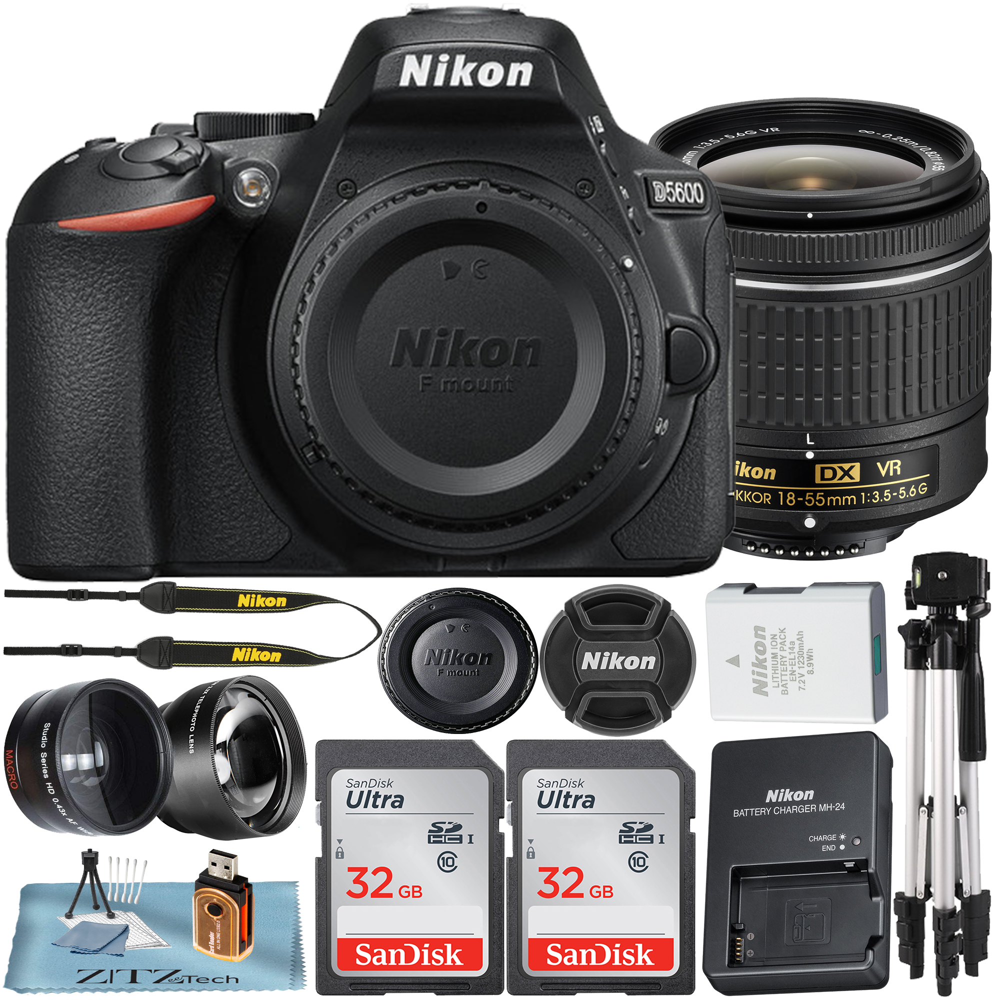 Nikon D5600 Digital SLR Camera with 18-55mm Lens + 2 Pcs 32GB SanDisk Memory Card + Tripod + Wideangle + Telephoto + ZeeTech Accessory Bundle