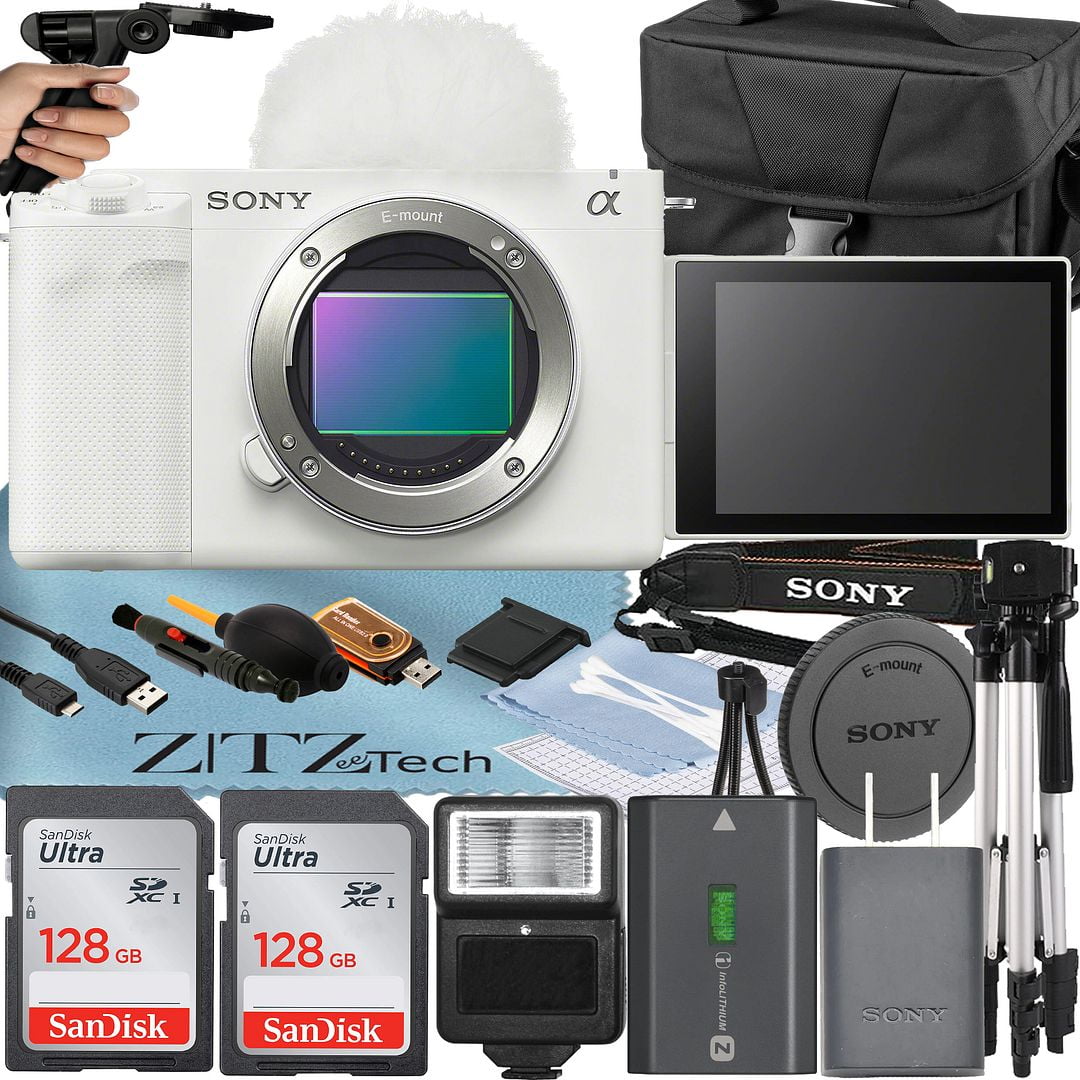 Sony ZV-E1 Mirrorless Camera White (Body Only) with 2 Pack SanDisk 128GB Card + Case + Tripod + Flash + ZeeTech Accessory Bundle