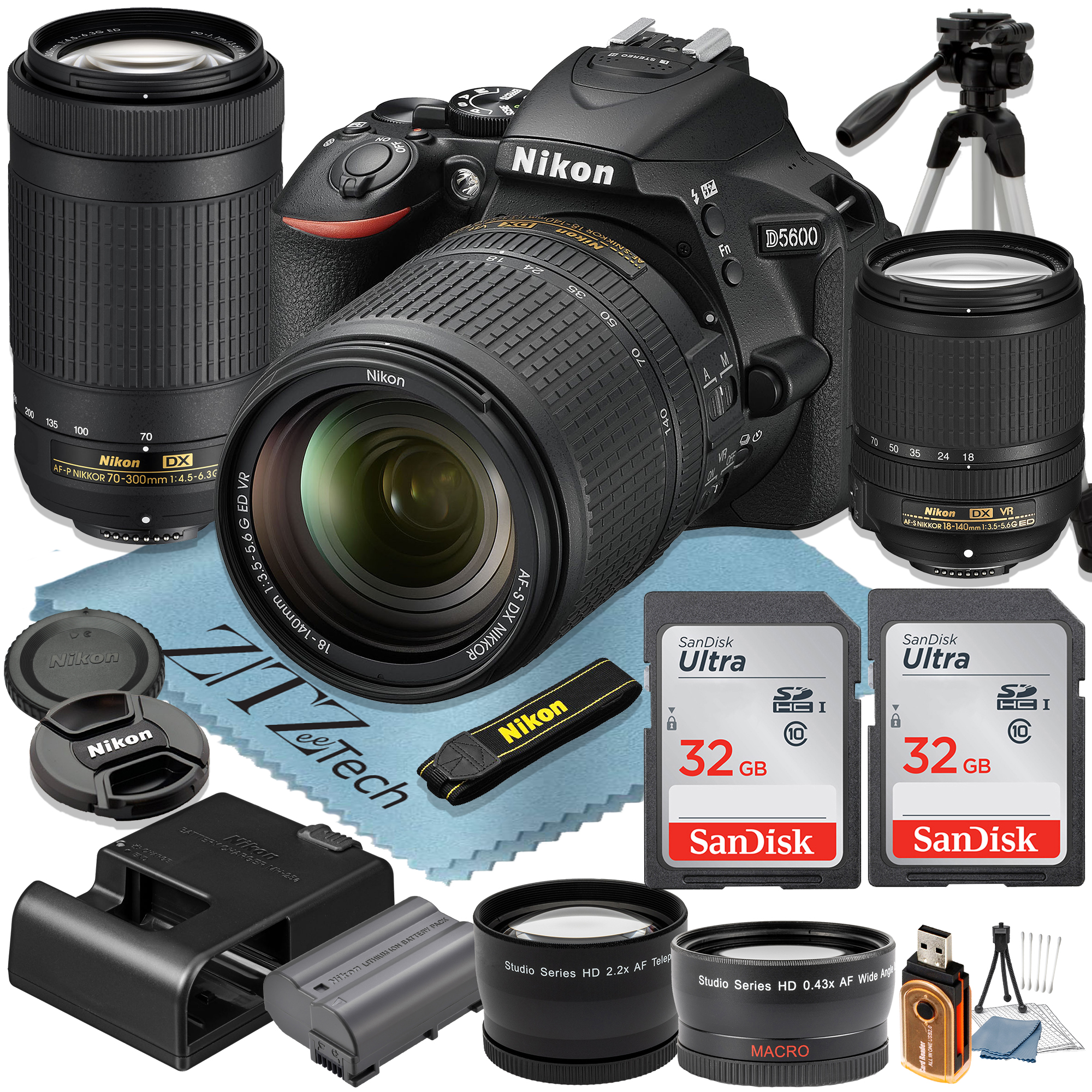 Nikon D5600 DSLR Camera with 18-140mm + 70-300mm Lens + 2 Pcs SanDisk 32GB Memory Cards + Tripod + Wideangle + ZeeTech Accessory Bundle