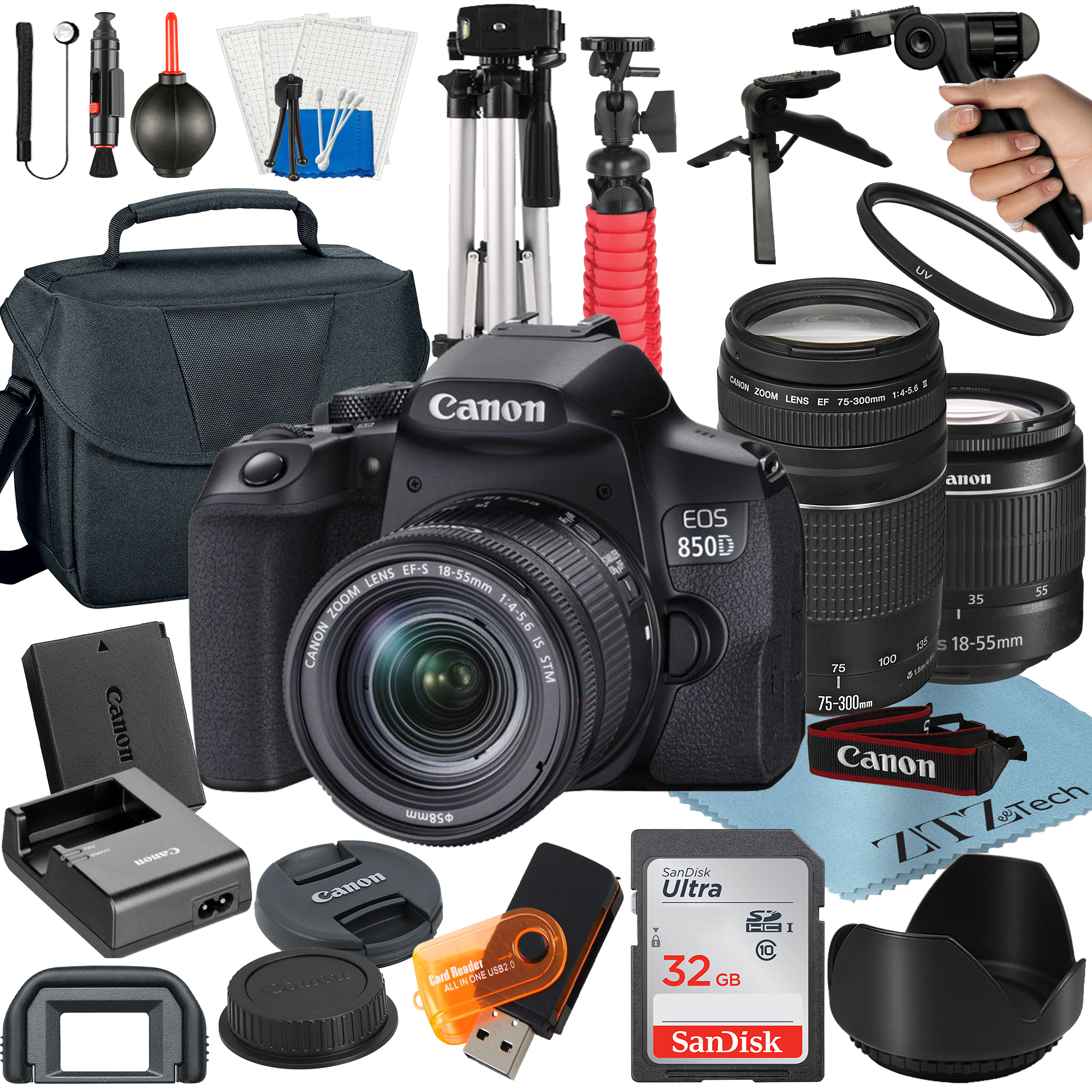 Canon EOS 850D / Rebel T8i DSLR Camera Bundle with 18-55mm + 75-300mm Lens + 32GB SanDisk Card + Case + Tripod + ZeeTech Accessory