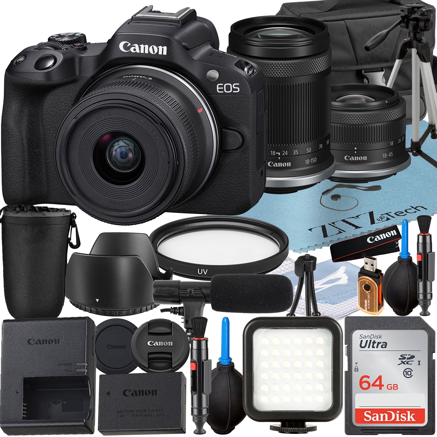 Canon EOS R50 Mirrorless Camera with RF-S 18-45mm + 18-150mm Lens + SanDisk 64GB Memory Card + Case + LED Flash + ZeeTech Accessory Bundle