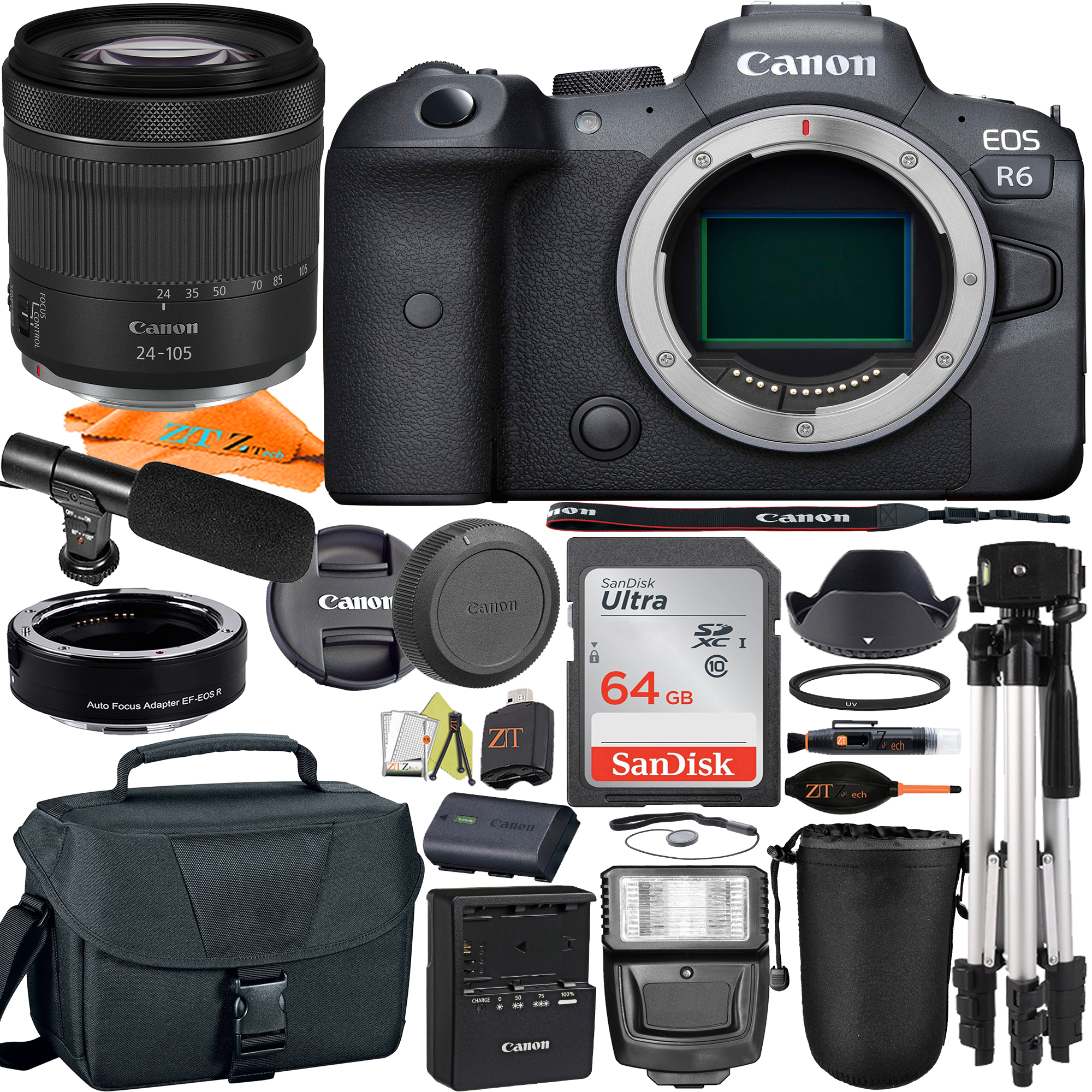Canon EOS R6 Mirrorless Digital Camera with RF 24-105mm STM Lens + Mount Adapter + SanDisk 64GB + ZeeTech Accessory Bundle