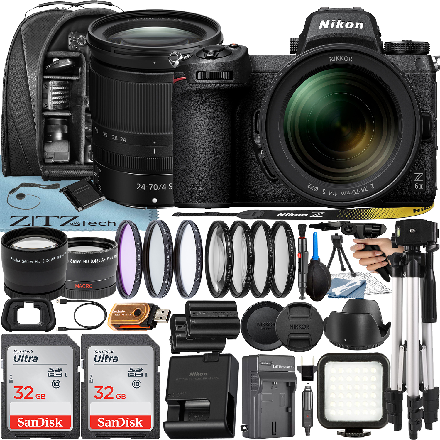 Nikon Z6 II Mirrorless Camera with NIKKOR Z 24-70mm f/4 S Lens + 2 Pack 32GB SanDisk Card + Case + Tripod + ZeeTech Accessory Bundle