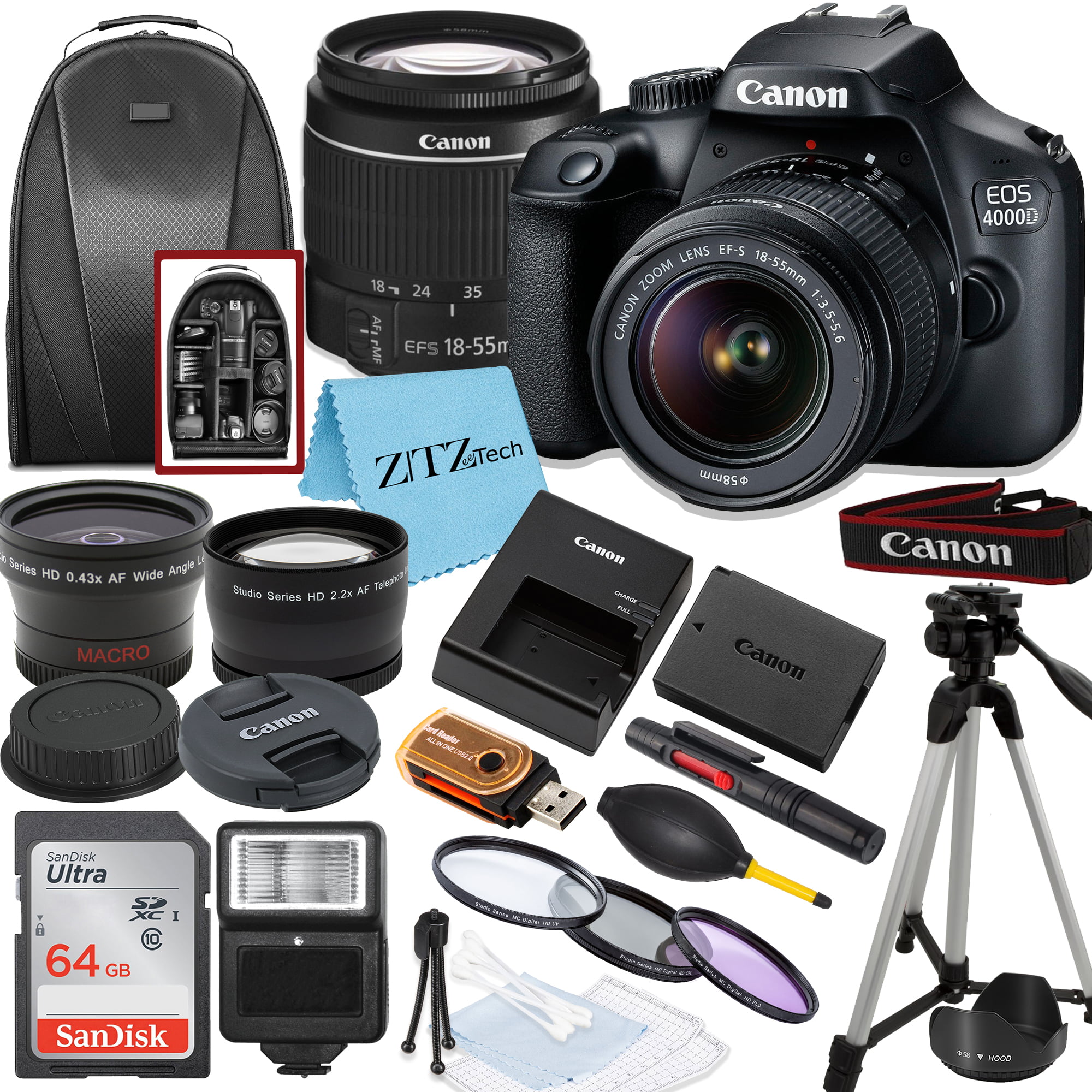Canon EOS Rebel T100 / 4000D DSLR Camera with 18-55mm Lens, SanDisk 64GB Memory, Tripod, Backpack and ZeeTech Bundle
