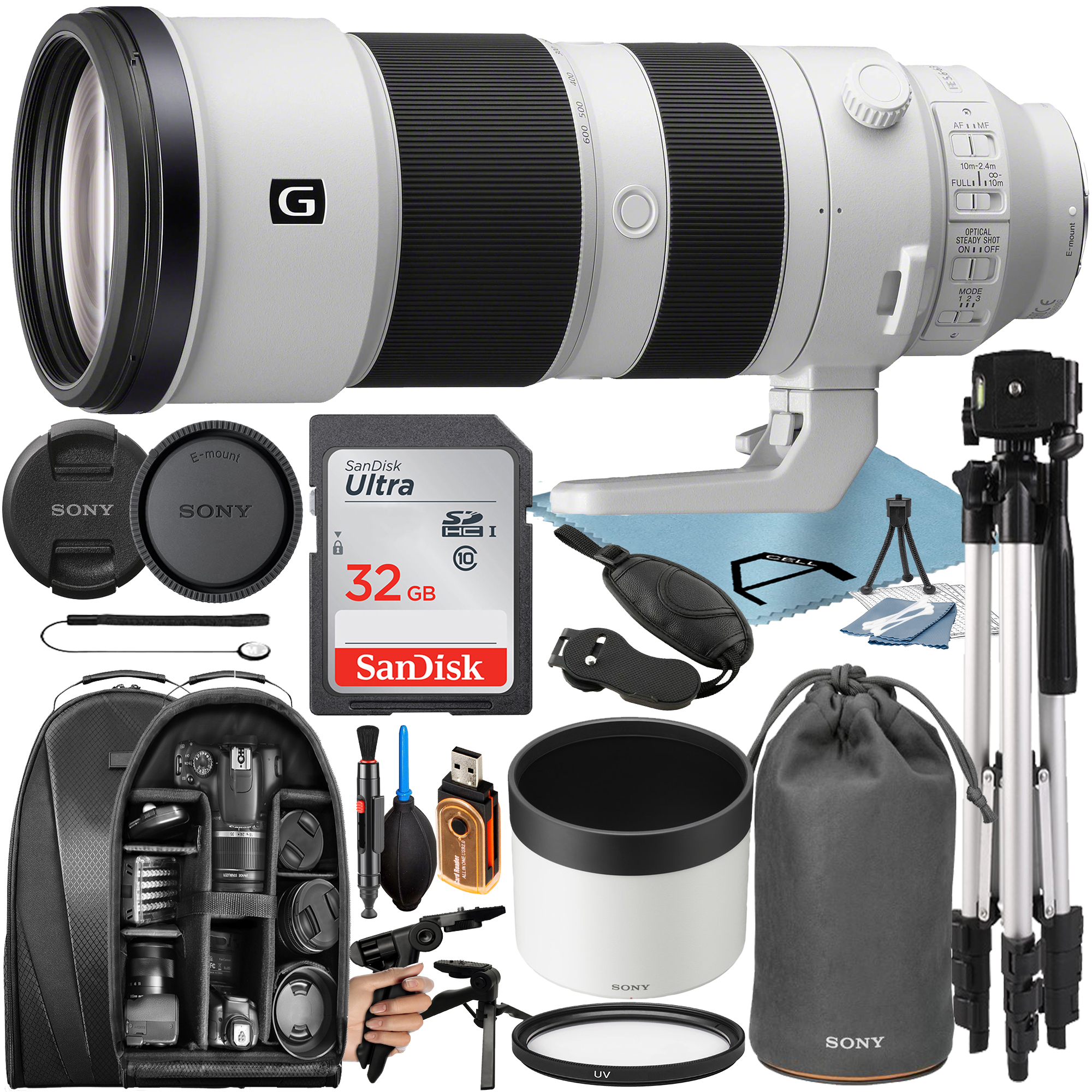 Sony FE 200-600mm f/5.6-6.3 G OSS Lens with 32GB SanDisk Memory Card + Tripod + Backpack + A-Cell Accessory Bundle