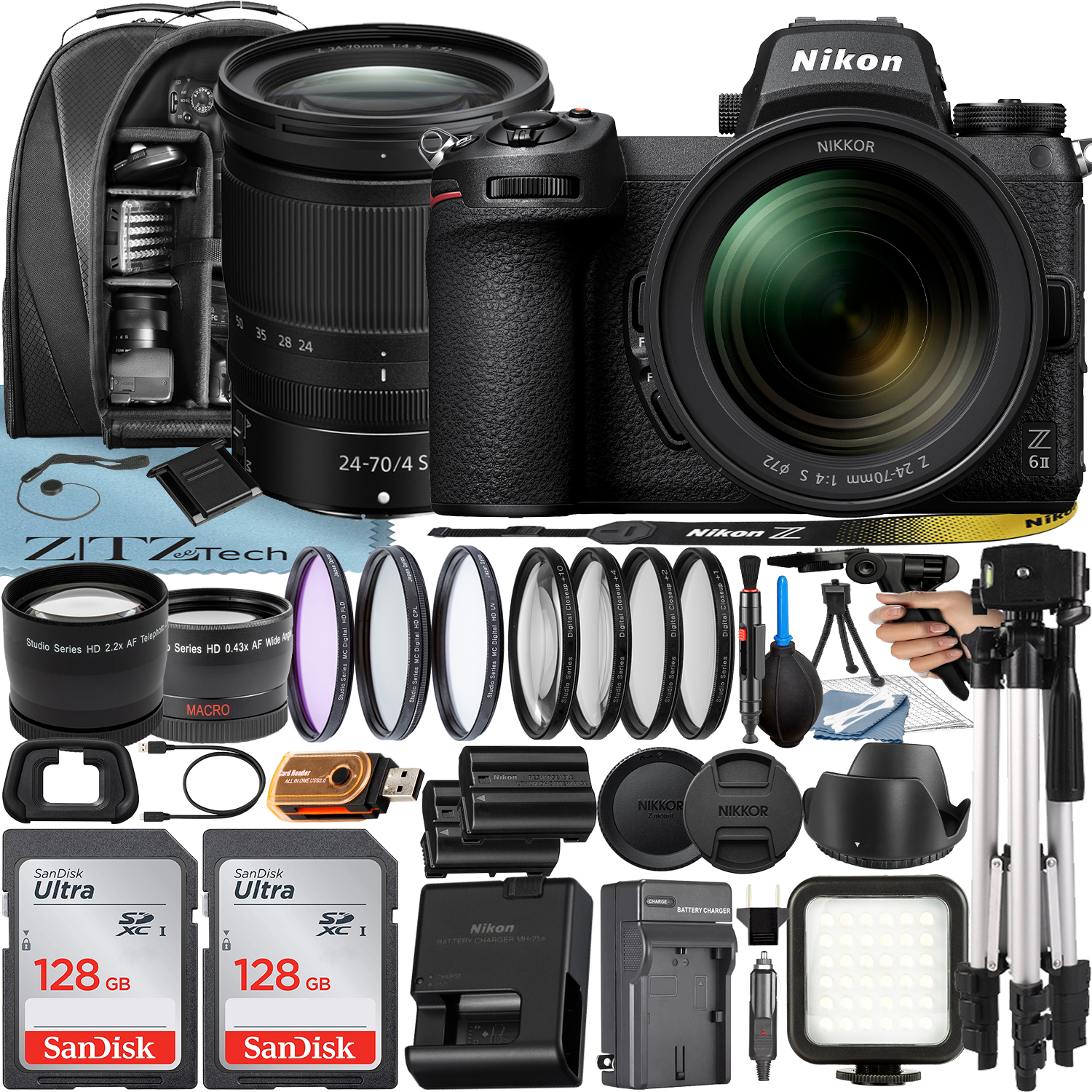 Nikon Z6 II Mirrorless Camera with NIKKOR Z 24-70mm f/4 S Lens + 2 Pack 128GB SanDisk Card + Case + Tripod + ZeeTech Accessory Bundle