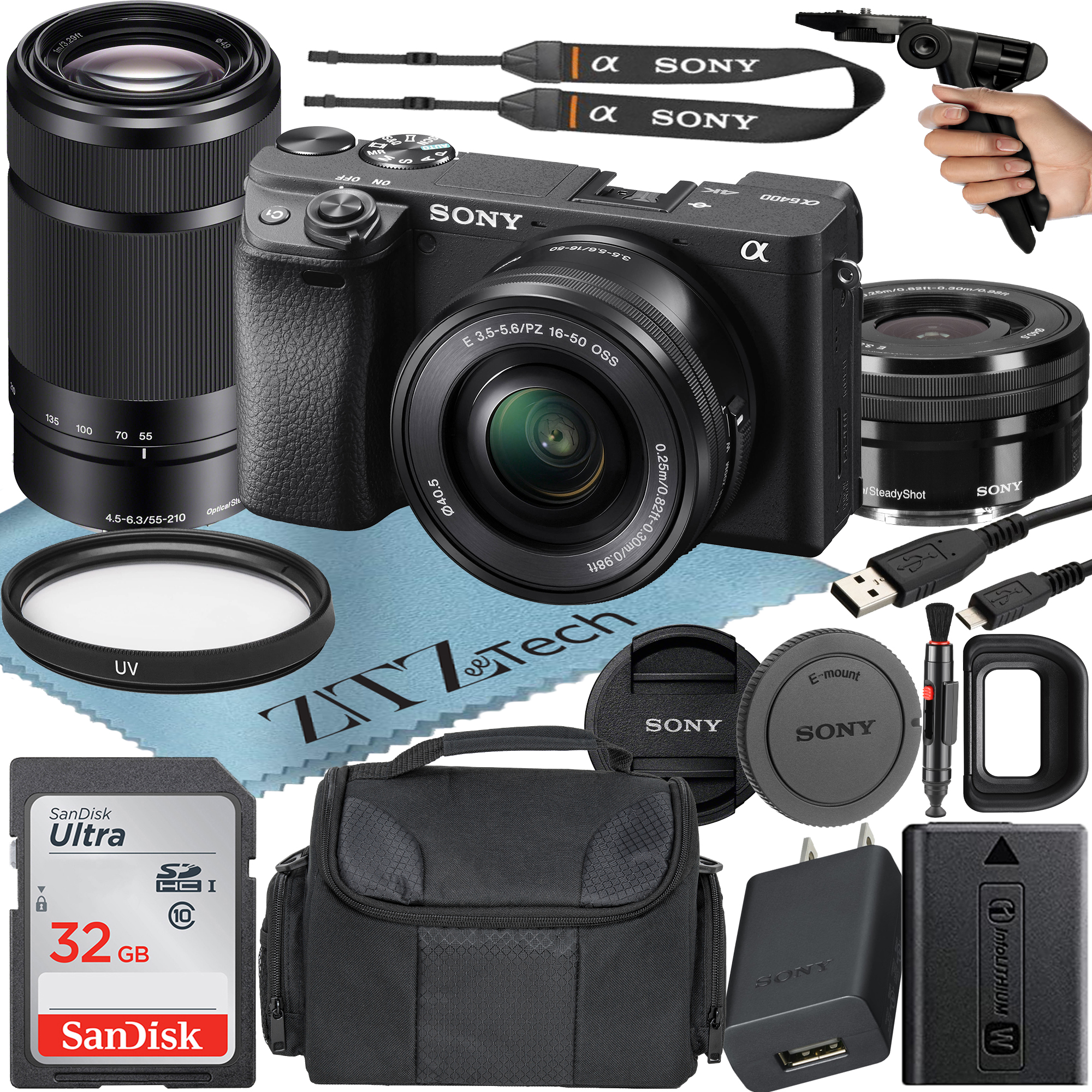 Sony Alpha a6400 Mirrorless Digital Camera with E PZ 16-50mm + E 55-210mm OSS Lens + SanDisk 32GB Card + Case + ZeeTech Accessory Bundle