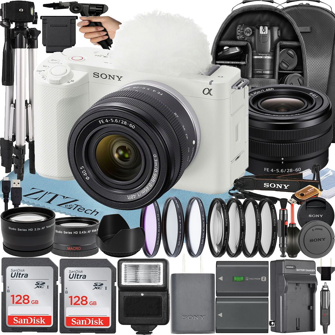 Sony ZV-E1 Mirrorless Camera (White) with FE 28-60mm Lens + 2 Pack SanDisk 128GB Card + Backpack + Wideangle + Tripod + ZeeTech Accessory Bundle