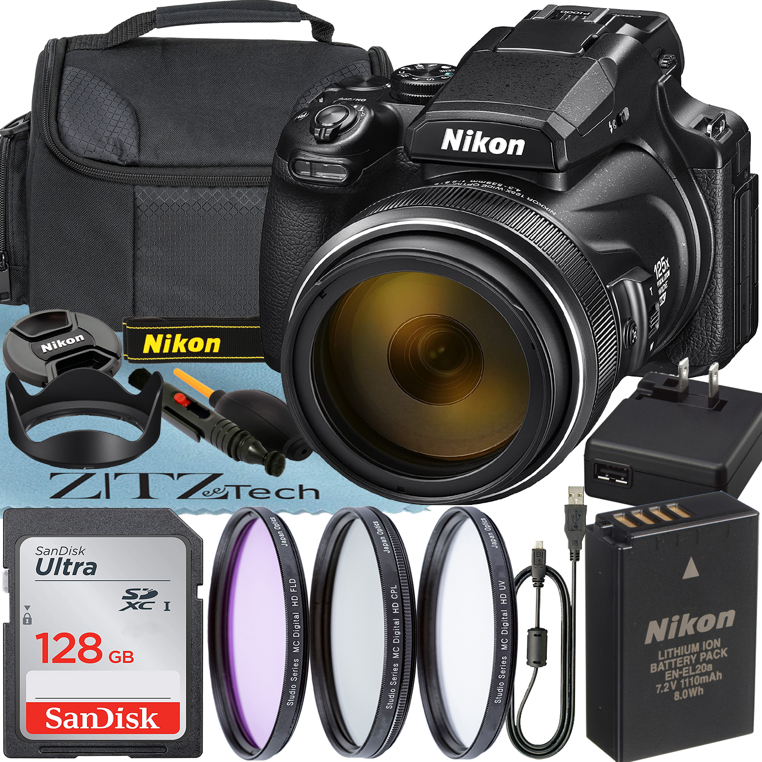 Nikon COOLPIX P1000 Digital Camera with 125x Optical Lens + SanDisk 128GB Memory Card + 3 Pieces Filter Kit + ZeeTech Advanced Bundle