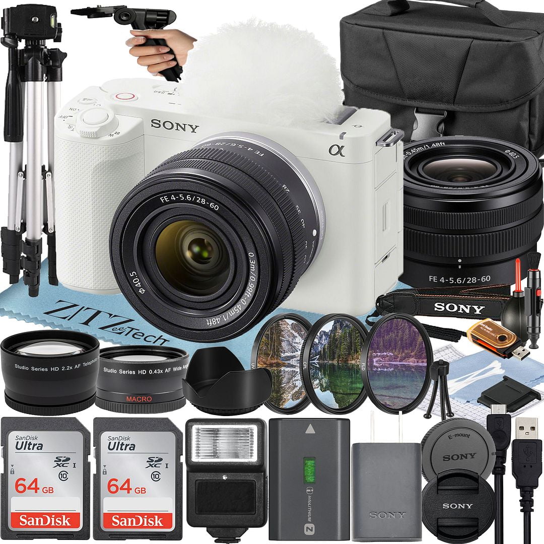 Sony ZV-E1 Mirrorless Camera (White) with FE 28-60mm Lens + 2 Pack SanDisk 64GB Card + Case + Tripod + Flash + ZeeTech Accessory Bundle