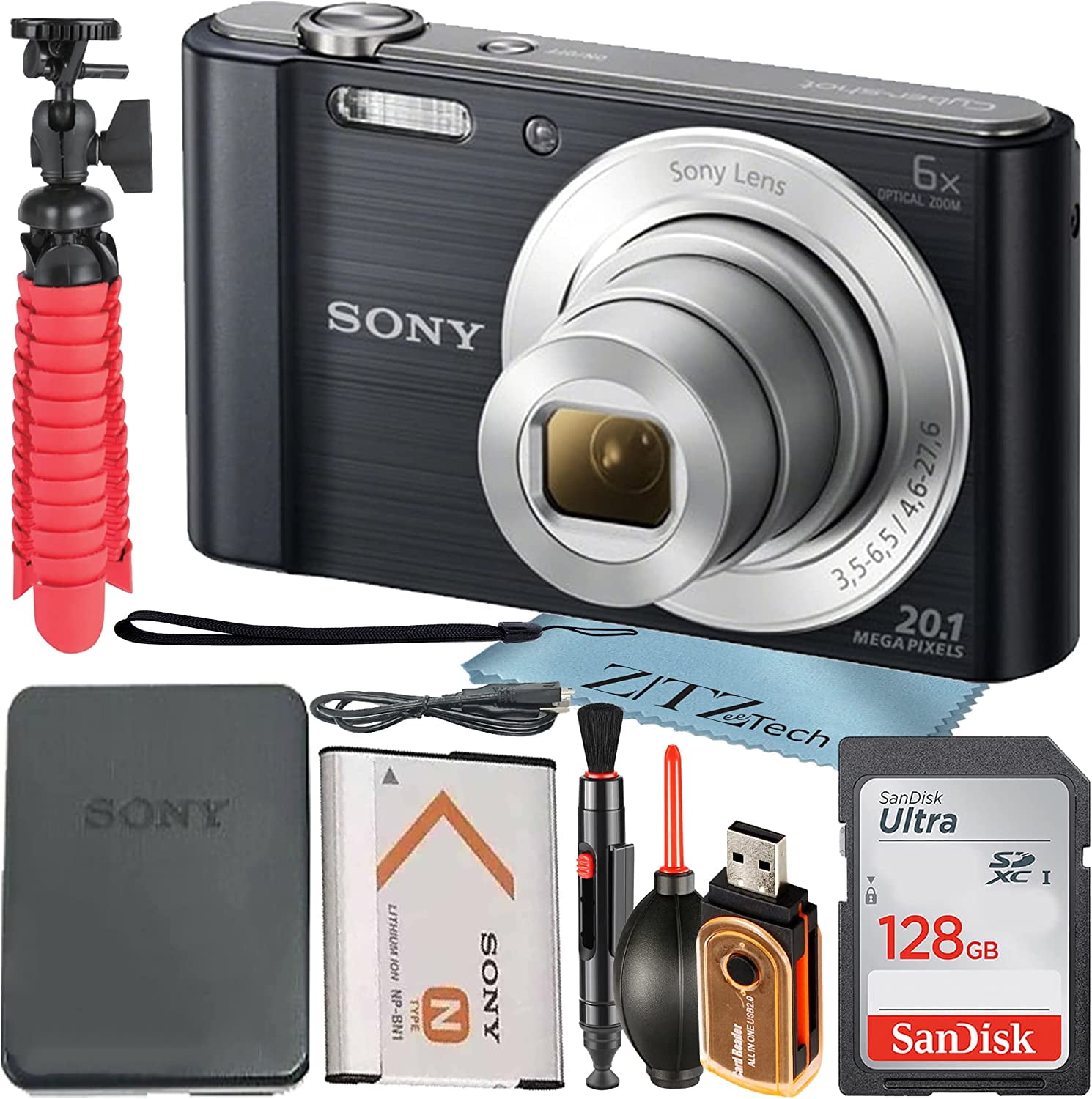 Sony Cyber-Shot DSC-W810 Digital Camera 20.1 MP CCD Sensor with Optical 6X Zoom Lens + SanDisk 128GB Memory Card + Tripod + ZeeTech Accessory Bundle (Black)