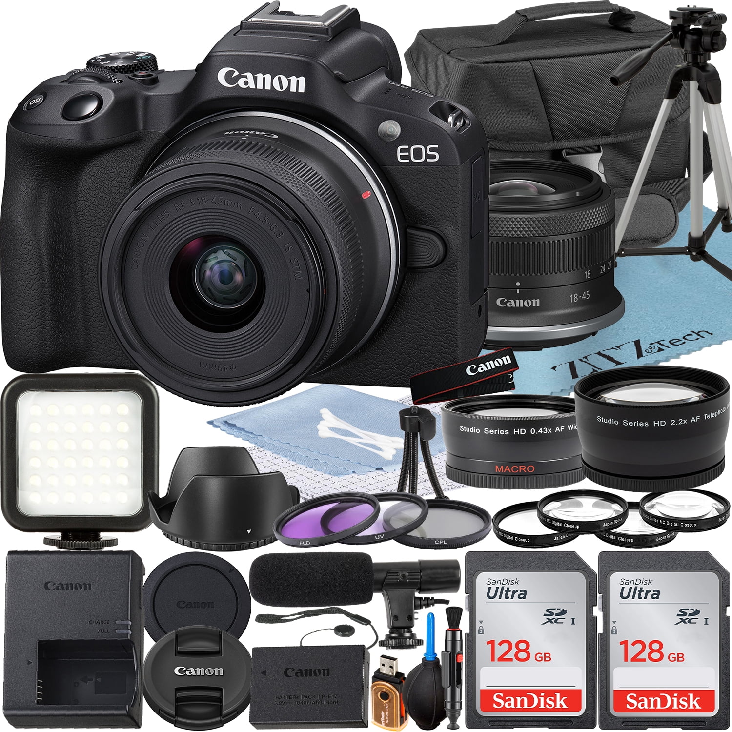 Canon EOS R50 Mirrorless Camera with RF-S 18-45mm Lens +  2 Pack SanDisk 128GB Memory Card + Case + ZeeTech Accessory