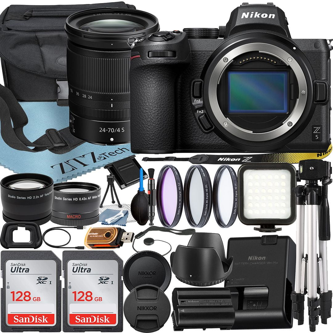 Nikon Z5 Mirrorless Camera with NIKKOR Z 24-70mm f/4 Zoom Lens + SanDisk 128GB Card + Case + Wideangle + Tripod + ZeeTech Accessory Bundle