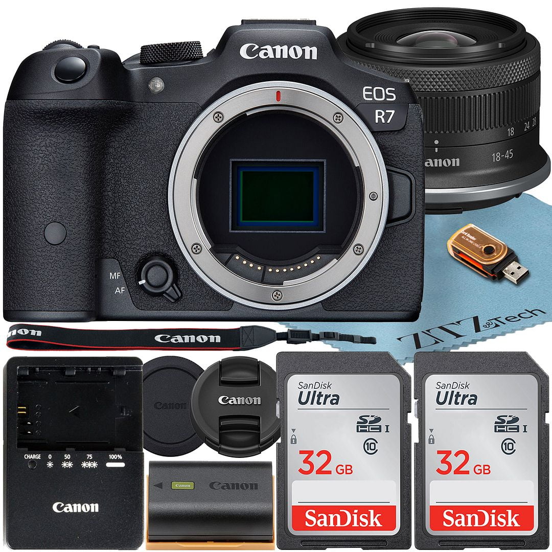 Canon EOS R7 Mirrorless Camera with RF-S 18-45mm f/4.5-6.3 IS STM Lens + 2 Pack SanDisk 32GB Memory Card + ZeeTech Accessory Bundle