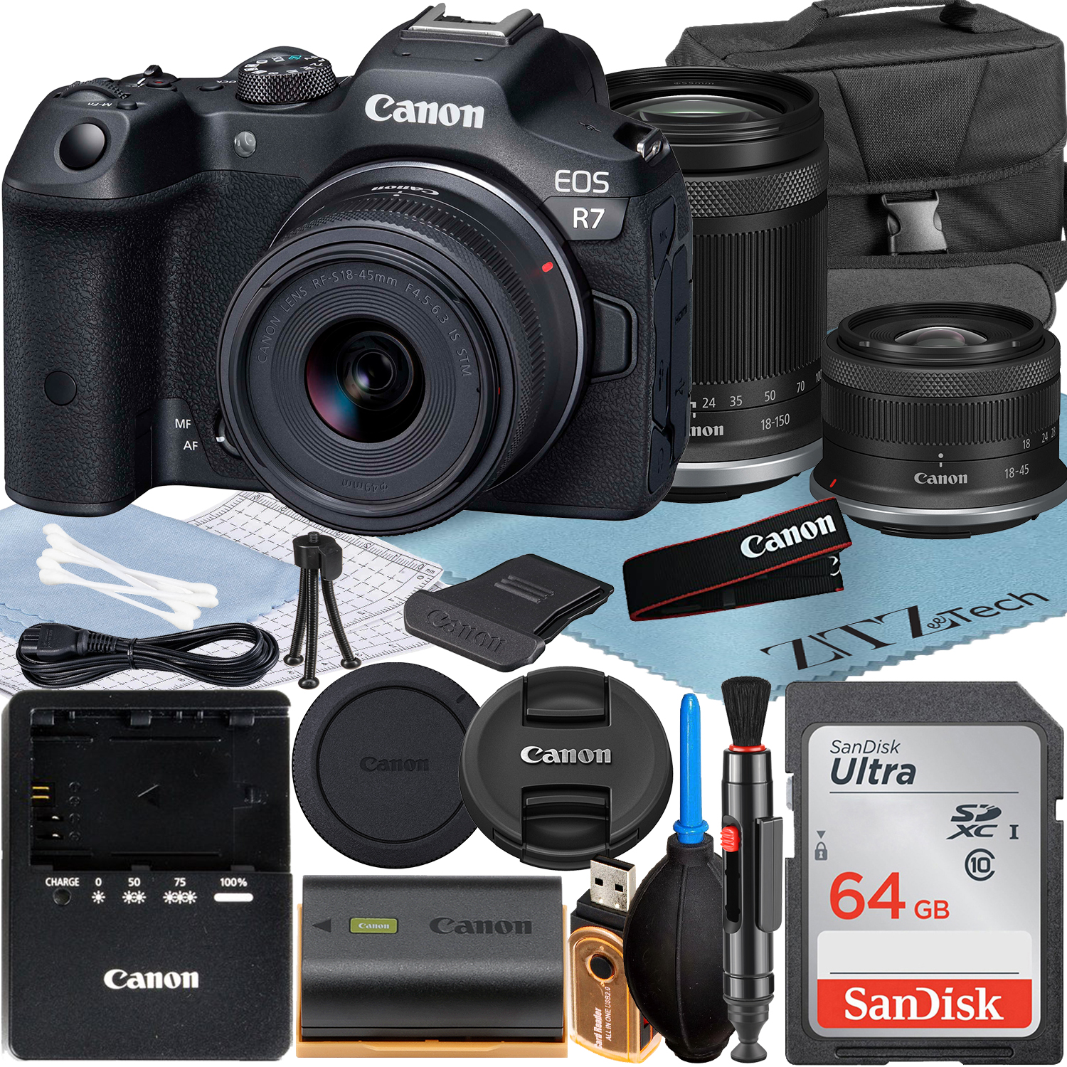 Canon EOS R7 Mirrorless Camera with RF-S 18-45mm + 18-150mm Lens + SanDisk 64GB Memory Card + Case + ZeeTech Accessory Bundle