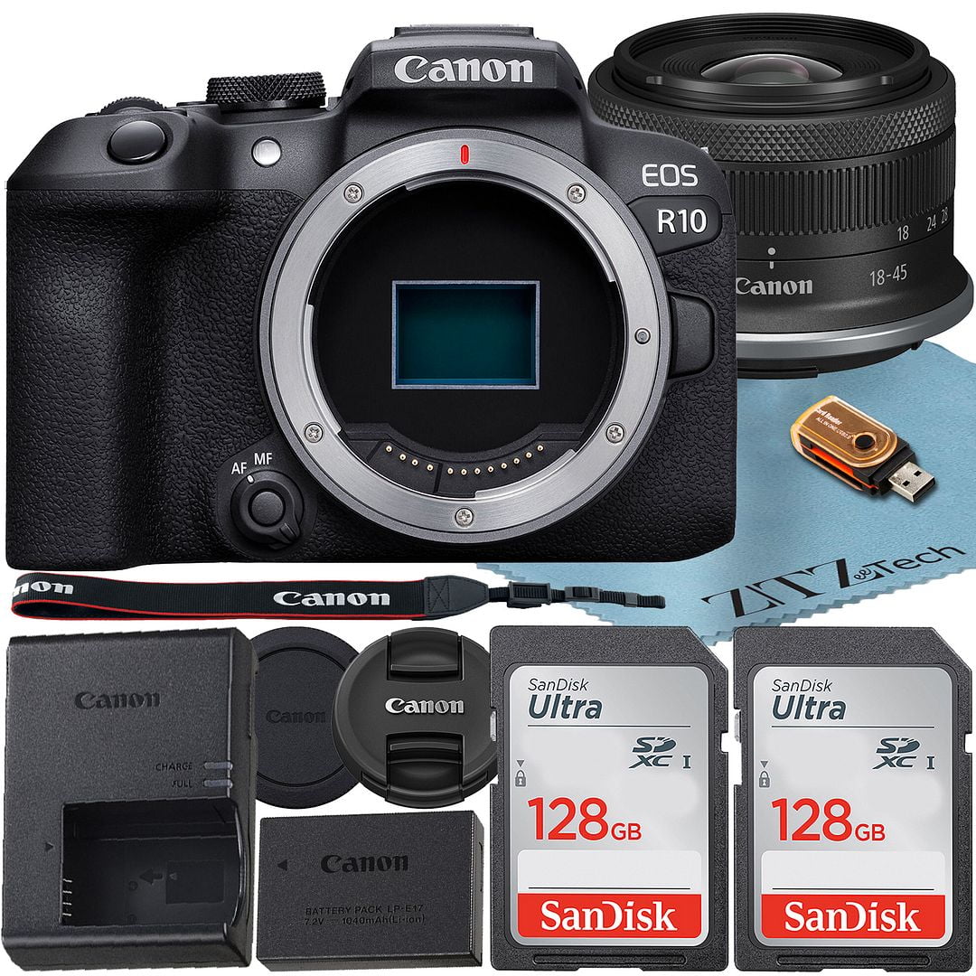 Canon EOS R10 Mirrorless Camera with RF-S 18-45mm f/4.5-6.3 IS STM Lens + 2 Pack SanDisk 128GB Memory Card + ZeeTech Accessory Bundle