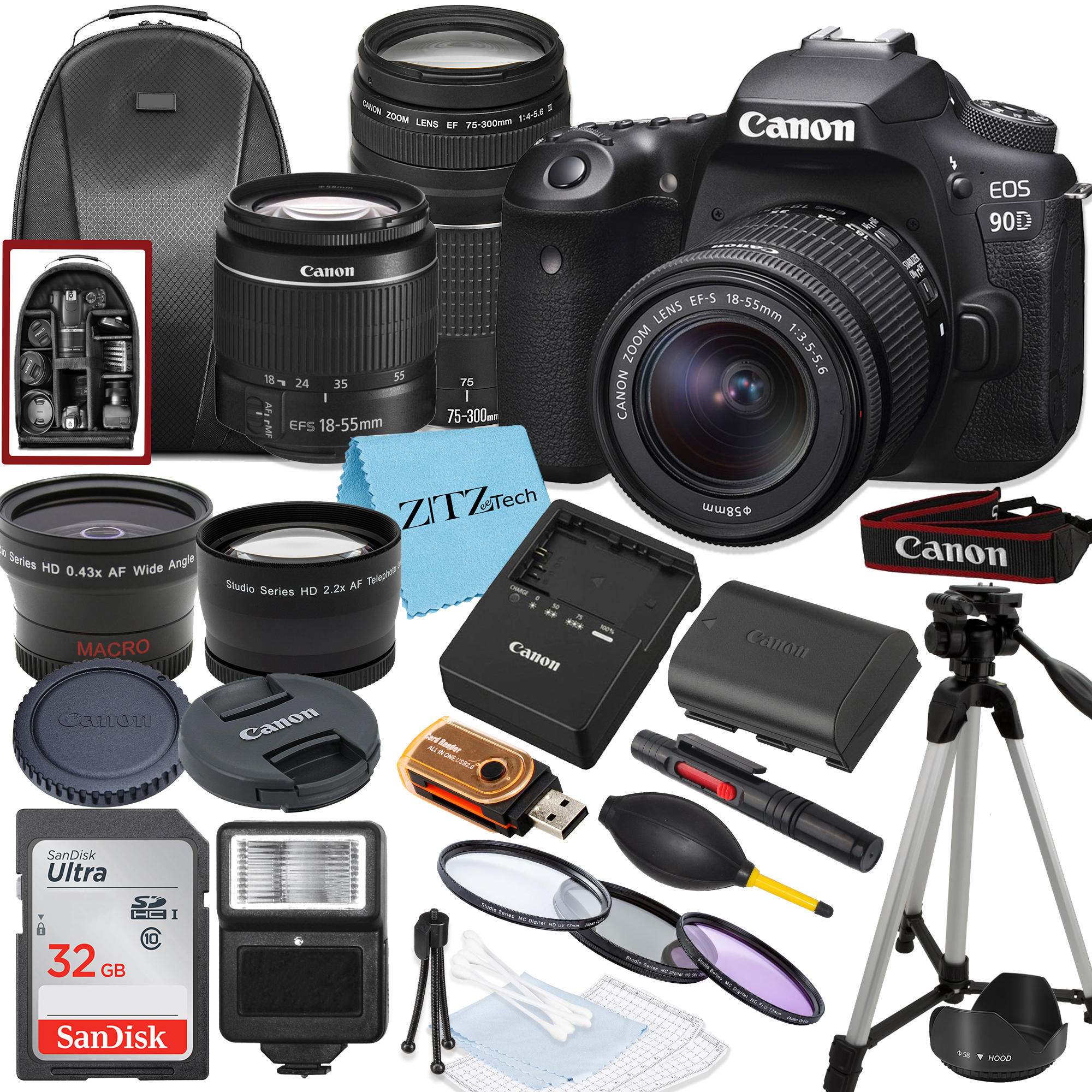 Canon EOS 90D DSLR Camera with 18-55mm, 75-300mm Lens, SanDisk 32GB Card, Backpack, Flash, Tripod and ZeeTech Accessory Bundle