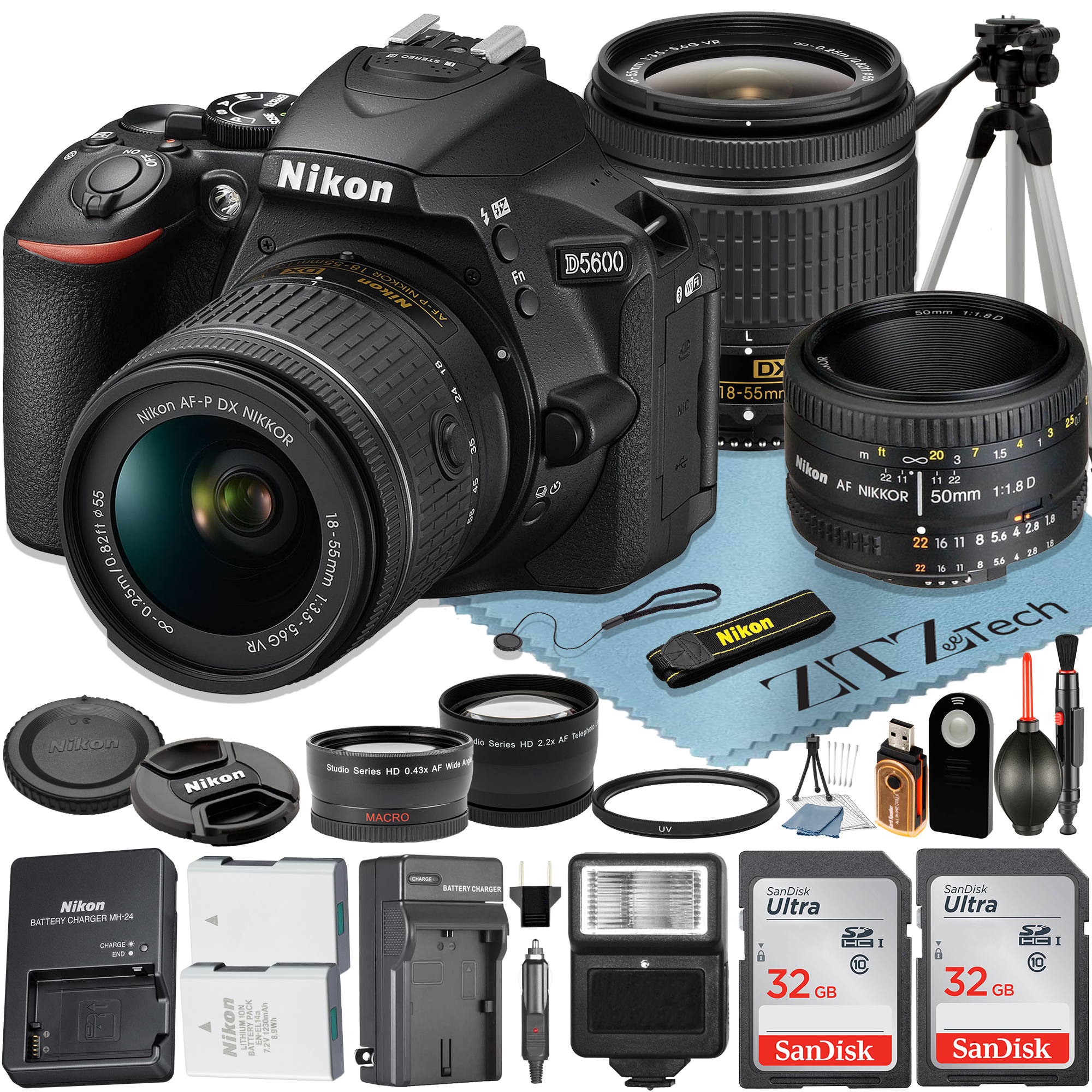 Nikon D5600 DSLR Camera with 18-55mm + AF FX 50mm Lens + 2 Pcs SanDisk 32GB Memory Card + Wideangle + Flash + Tripod + ZeeTech Accessory Bundle