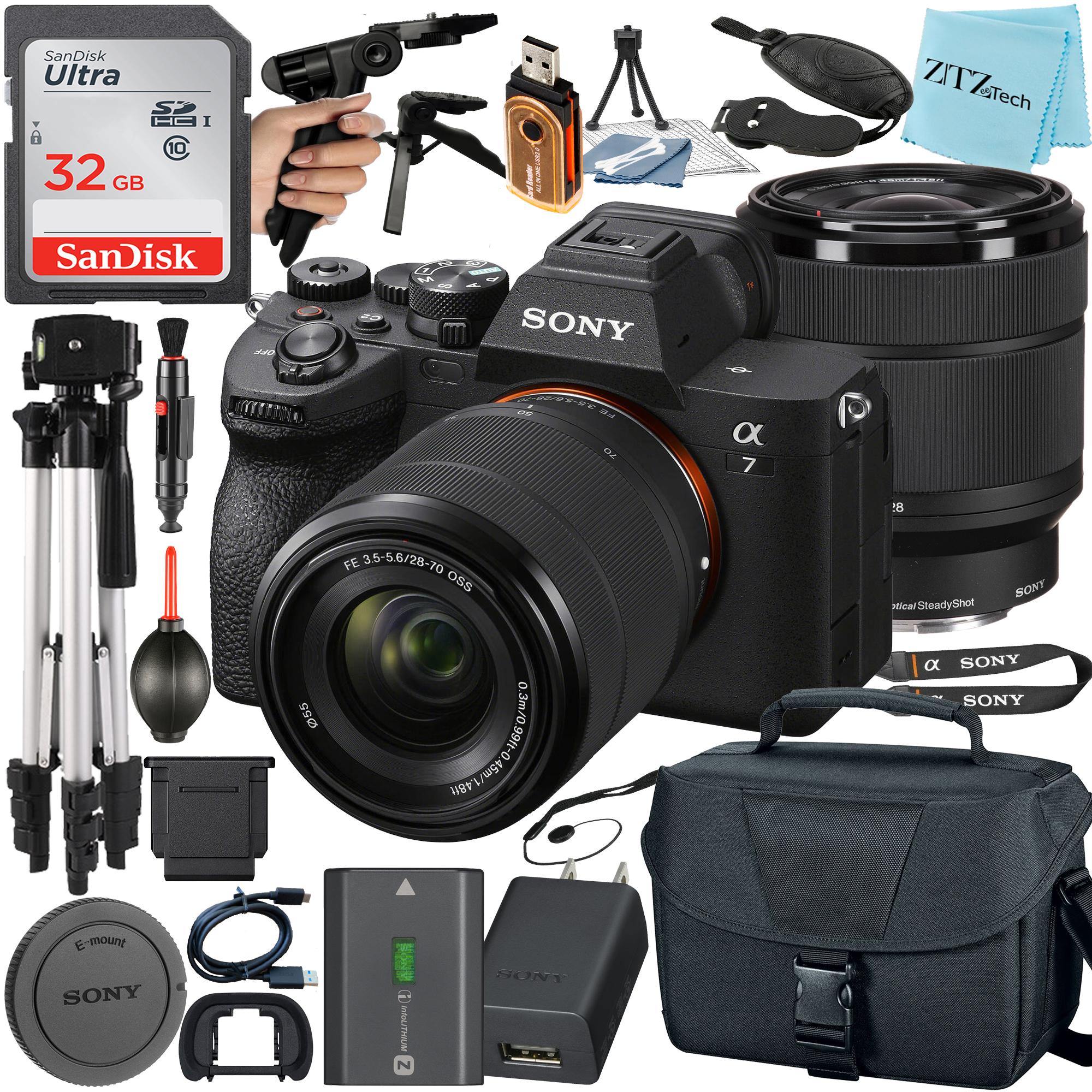 Sony Alpha a7 IV Mirrorless Digital Camera with FE 28-70mm Lens + SanDisk 32GB Card + Case + Tripod + ZeeTech Accessory Bundle