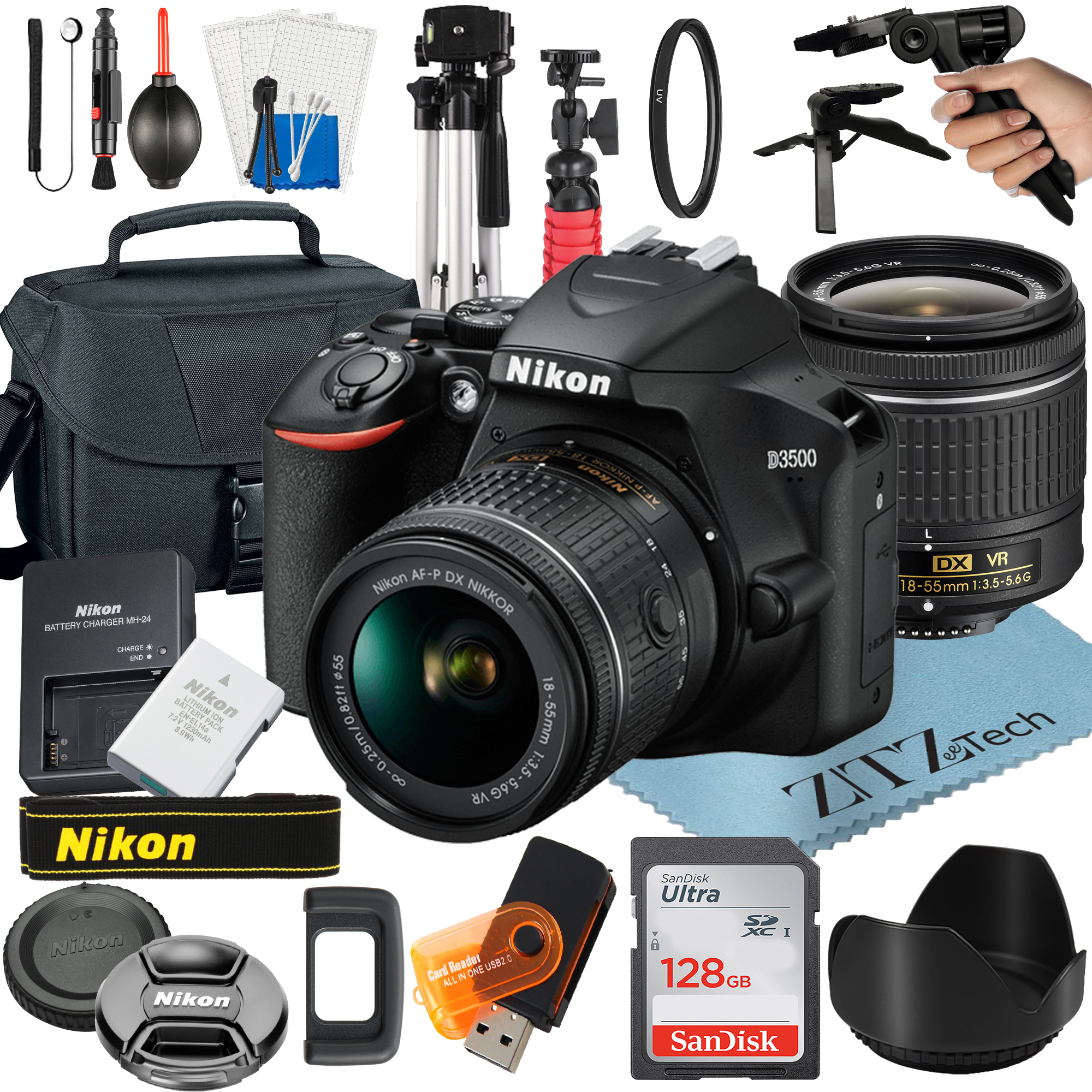 Nikon D3500 DSLR Camera Bundle with NIKKOR 18-55mm Zoom Lens + 128GB SanDisk Card + Case + Tripod + ZeeTech Accessory
