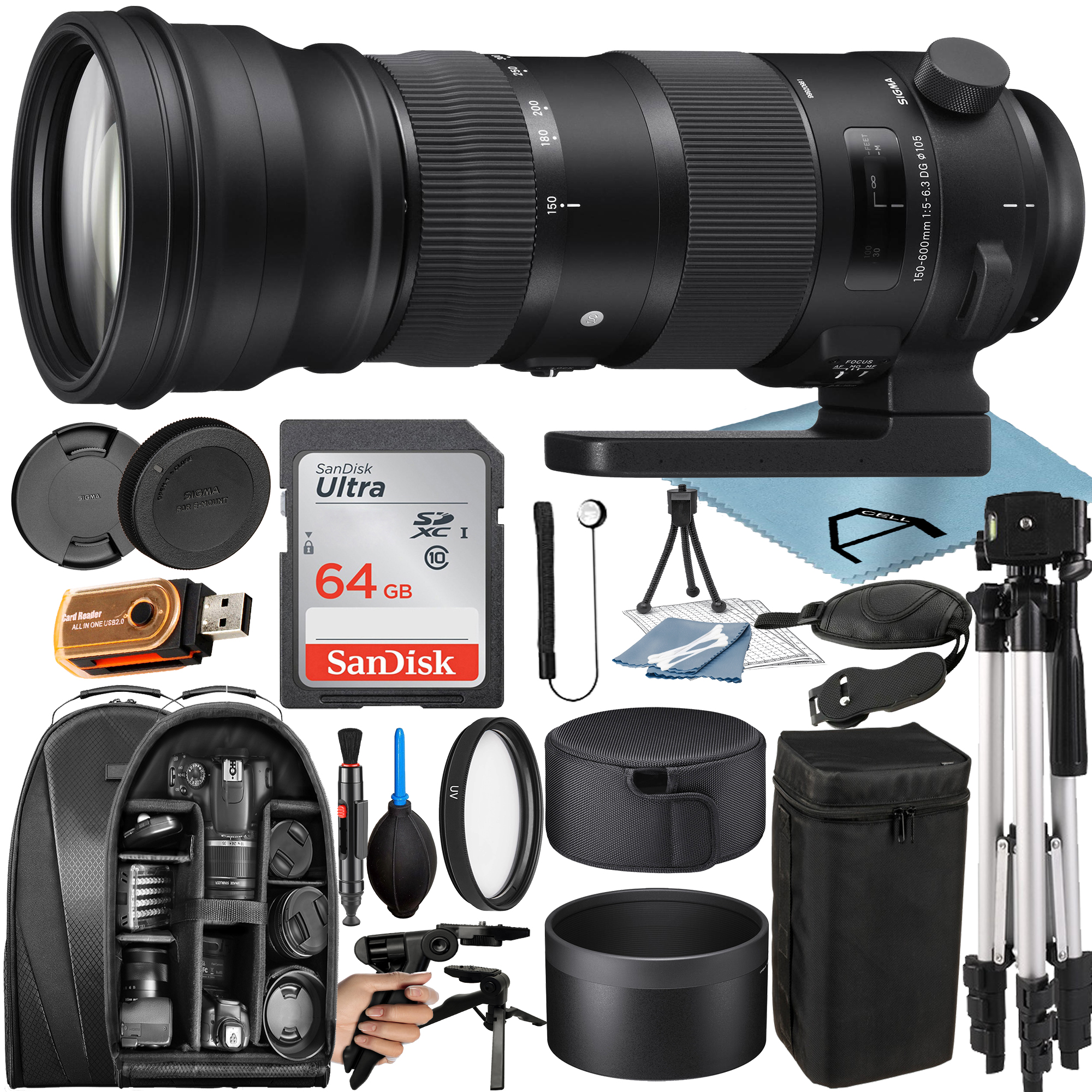 Sigma 150-600mm F/5-6.3 DG OS HSM Sports Lens for Canon EF with 64GB SanDisk Memory Card + Tripod + Backpack + A-Cell Accessory Bundle