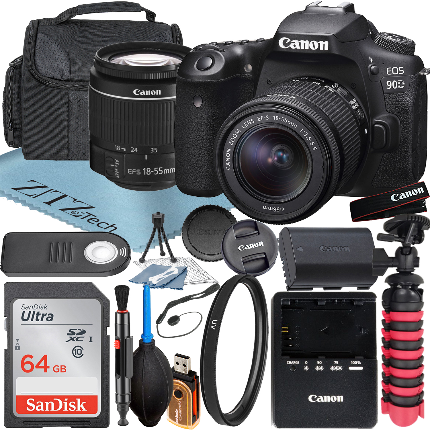 Canon EOS 90D DSLR Camera with 18-55mm Lens + SanDisk 64GB Memory Card + Case + UV Filter + ZeeTech Accessory Bundle