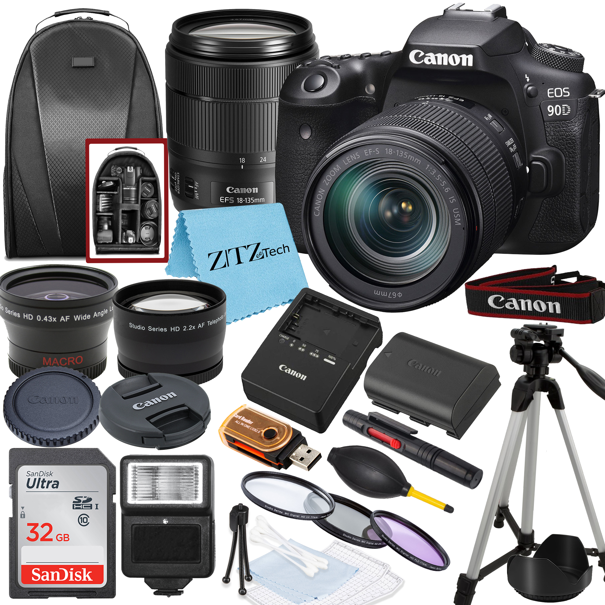 Canon EOS 90D DSLR Camera with 18-135mm Lens, SanDisk 32GB Memory Card, Backpack, Flash, Tripod and ZeeTech Accessory Bundle