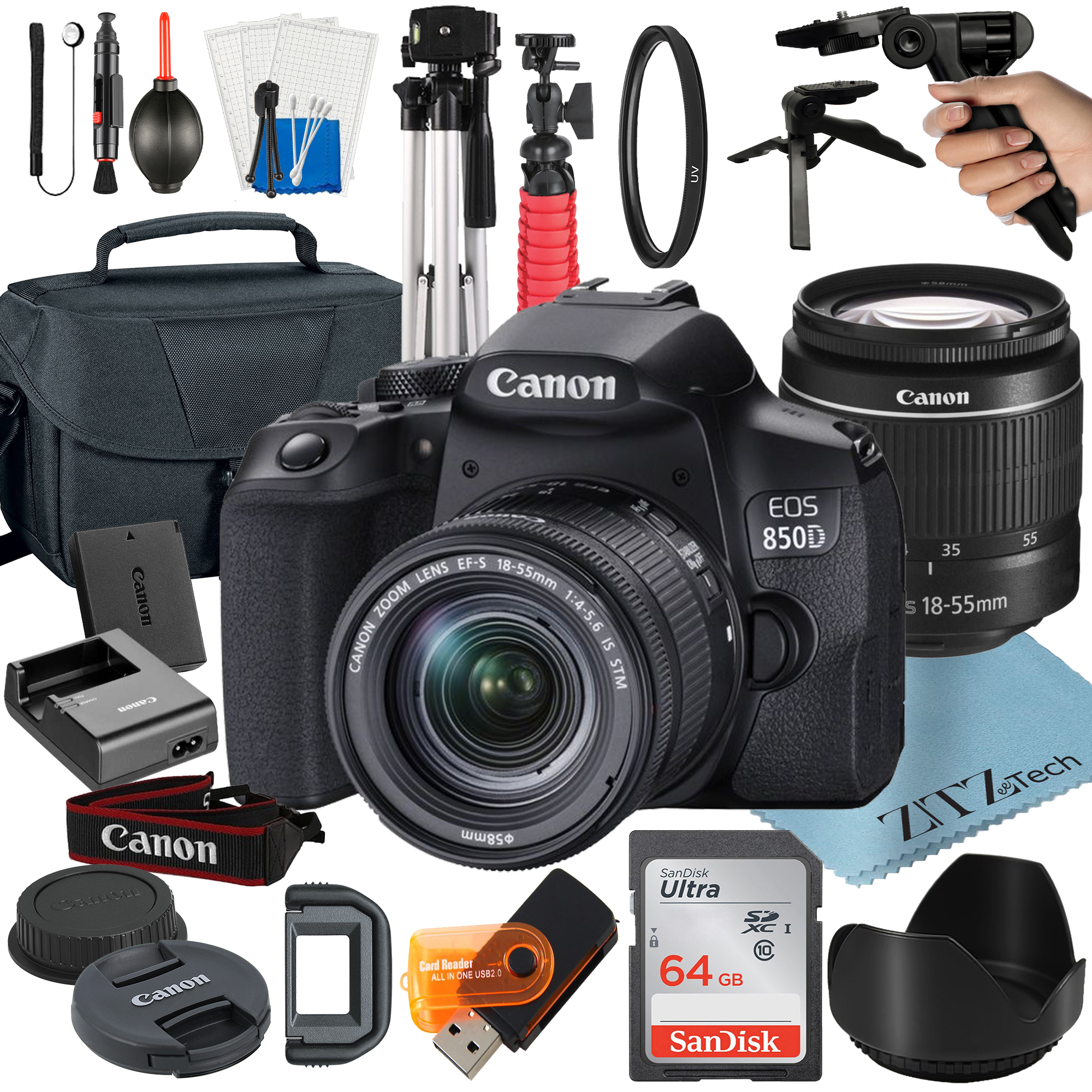 Canon EOS 850D / Rebel T8i DSLR Camera Bundle with 18-55mm Zoom Lens + 64GB SanDisk Card + Case + Tripod + ZeeTech Accessory