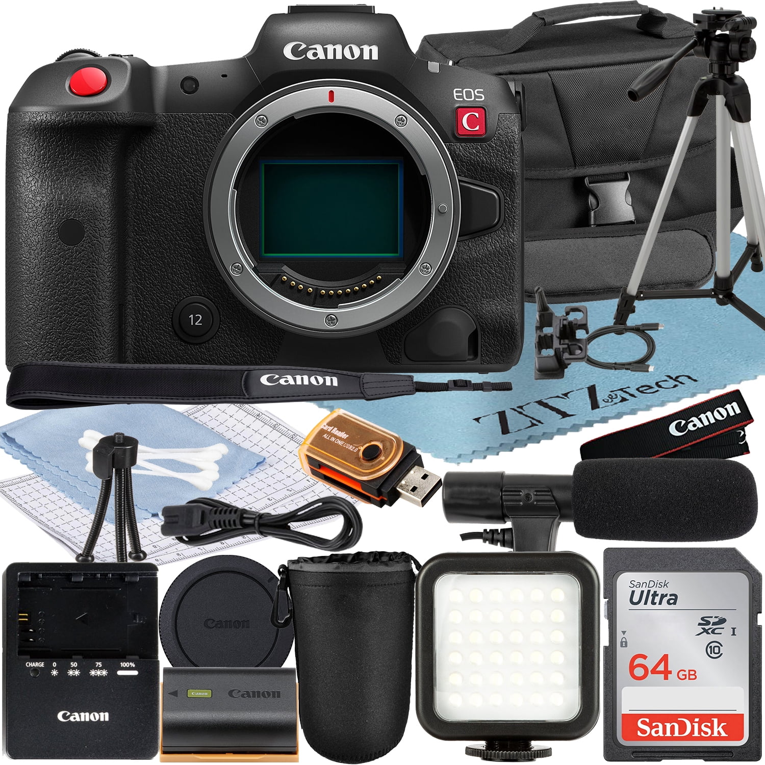 Canon EOS R5 C Mirrorless Cinema Camera (Body) with SanDisk 64GB Memory Card + Case + LED Flash + ZeeTech Accessory Bundle