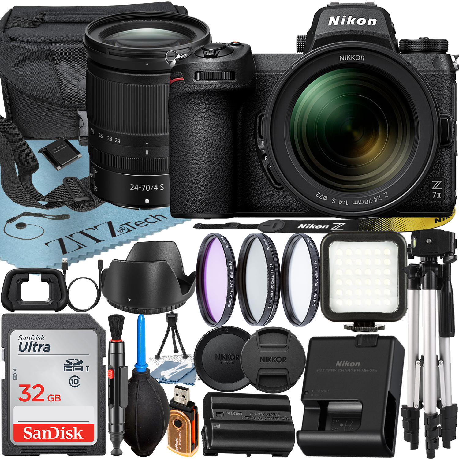 Nikon Z7 II Mirrorless Camera with NIKKOR Z 24-70mm f/4 S Lens + SanDisk 32GB Card + Case + 3 Pieces Filter + Flash + ZeeTech Accessory Bundle