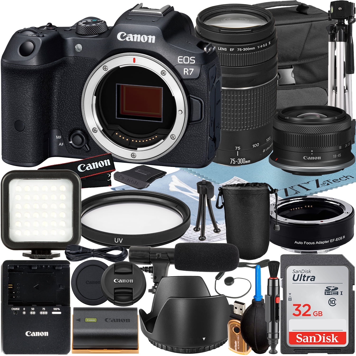 Canon EOS R7 Mirrorless Camera with RF-S 18-45mm + EF 75-300mm Lens + Mount Adapter + SanDisk 32GB Memory Card + Case + LED Flash + ZeeTech Accessory Bundle