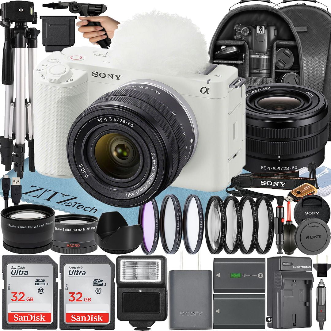 Sony ZV-E1 Mirrorless Camera (White) with FE 28-60mm Lens + 2 Pack SanDisk 32GB Card + Backpack + Wideangle + Tripod + ZeeTech Accessory Bundle