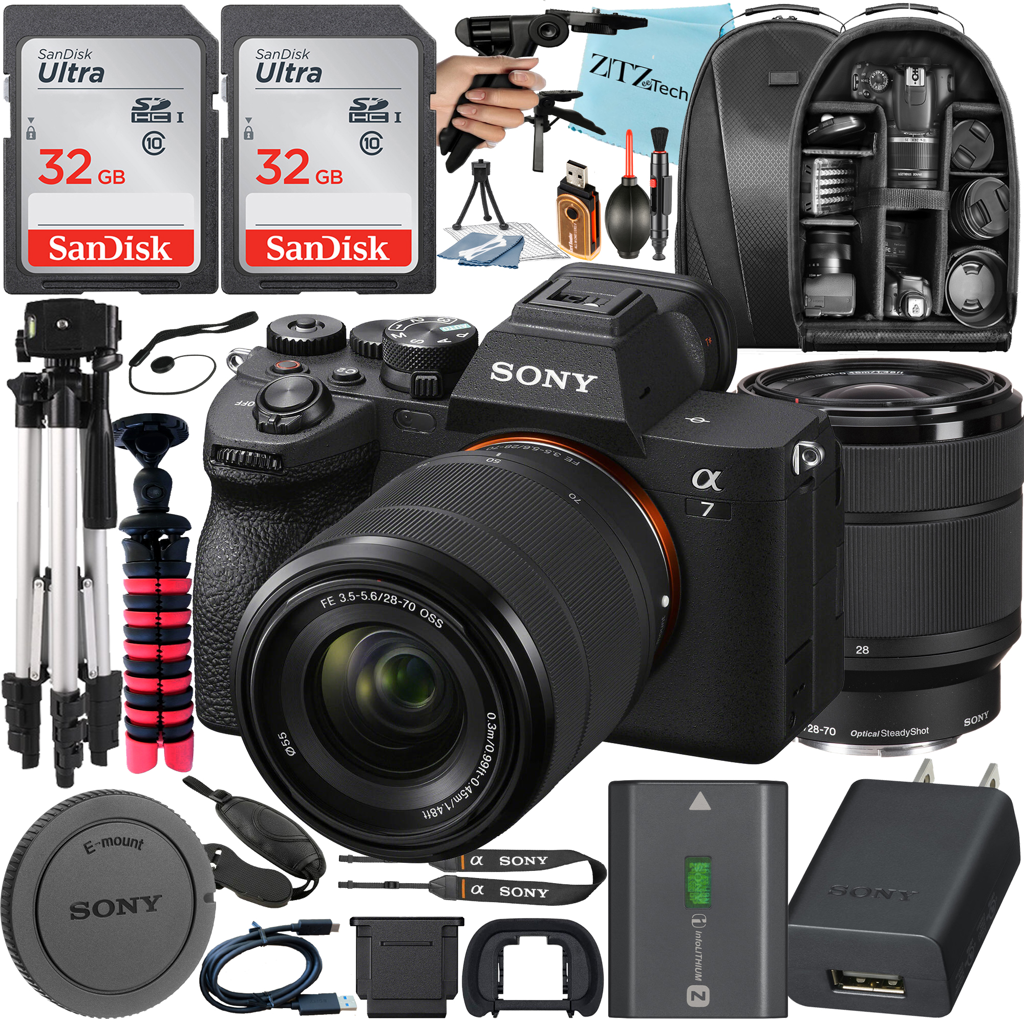 Sony Alpha a7 IV Mirrorless Digital Camera with FE 28-70mm Lens + 2 Pack SanDisk 32GB Card + Case + Tripod + ZeeTech Accessory Bundle