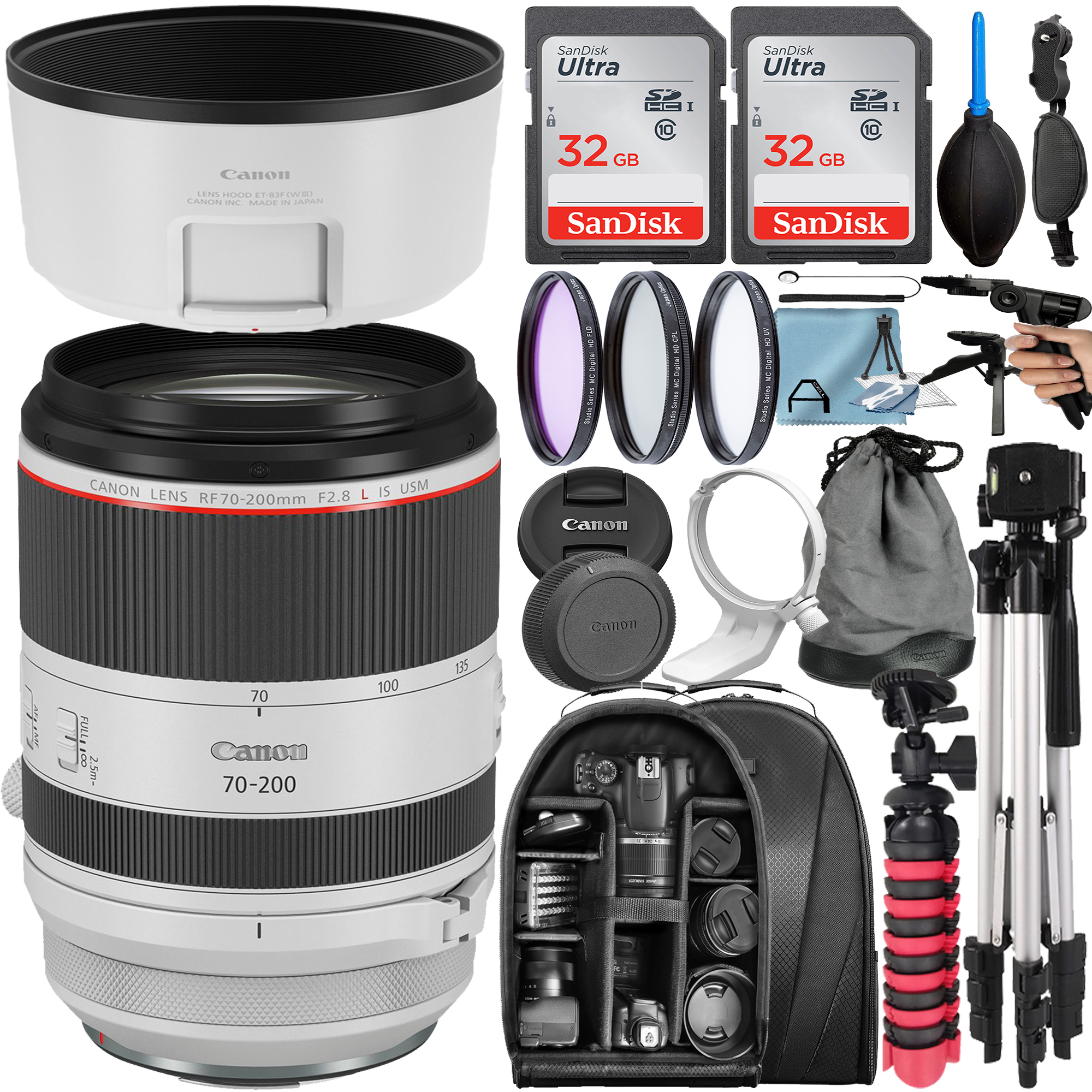 Canon RF 70-200mm F/2.8 L IS USM Telephoto Zoom Lens with 2 Pack 32GB SanDisk Memory Card + Tripod + Backpack + A-Cell Accessory Bundle