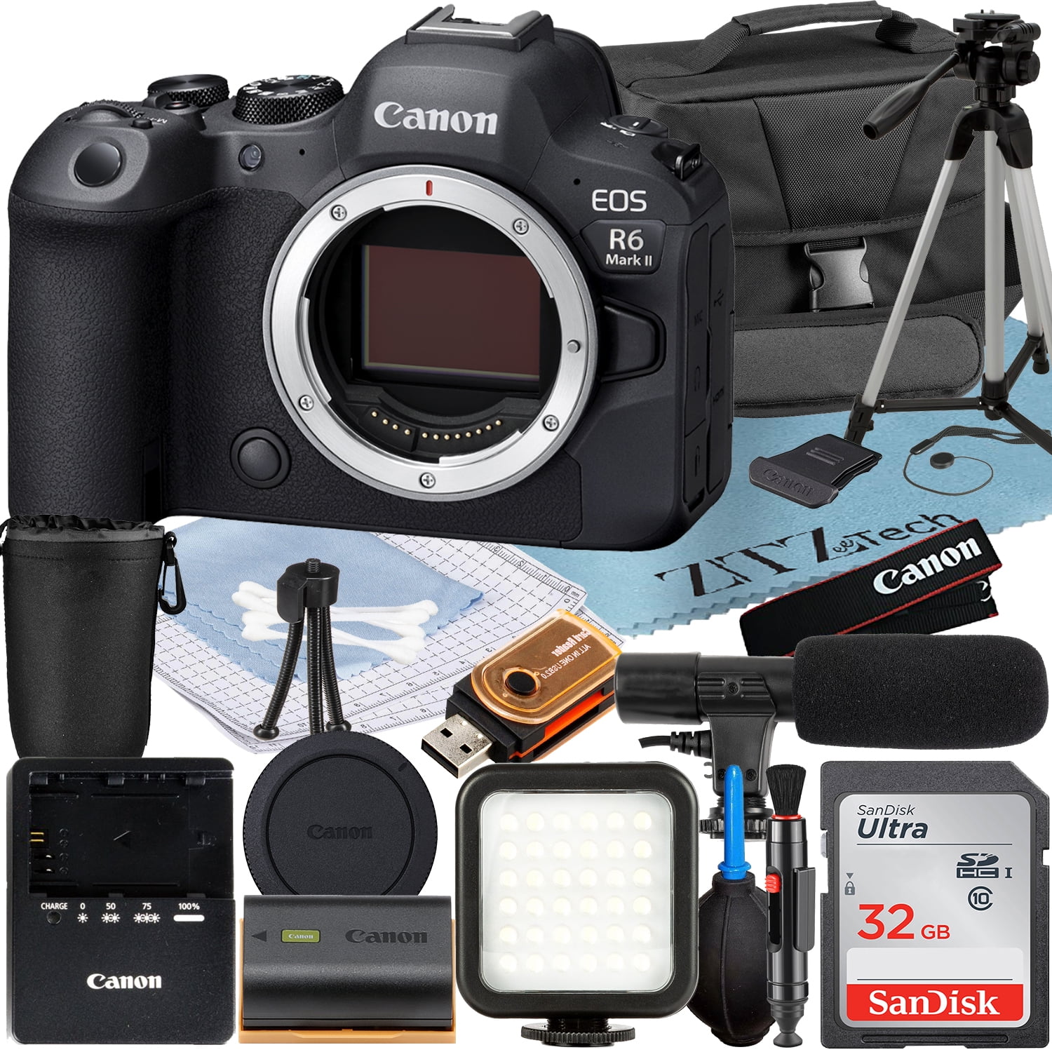 Canon EOS R6 Mark II Mirrorless Camera (Body) with SanDisk 32GB Memory Card + Case + LED Flash + ZeeTech Accessory Bundle