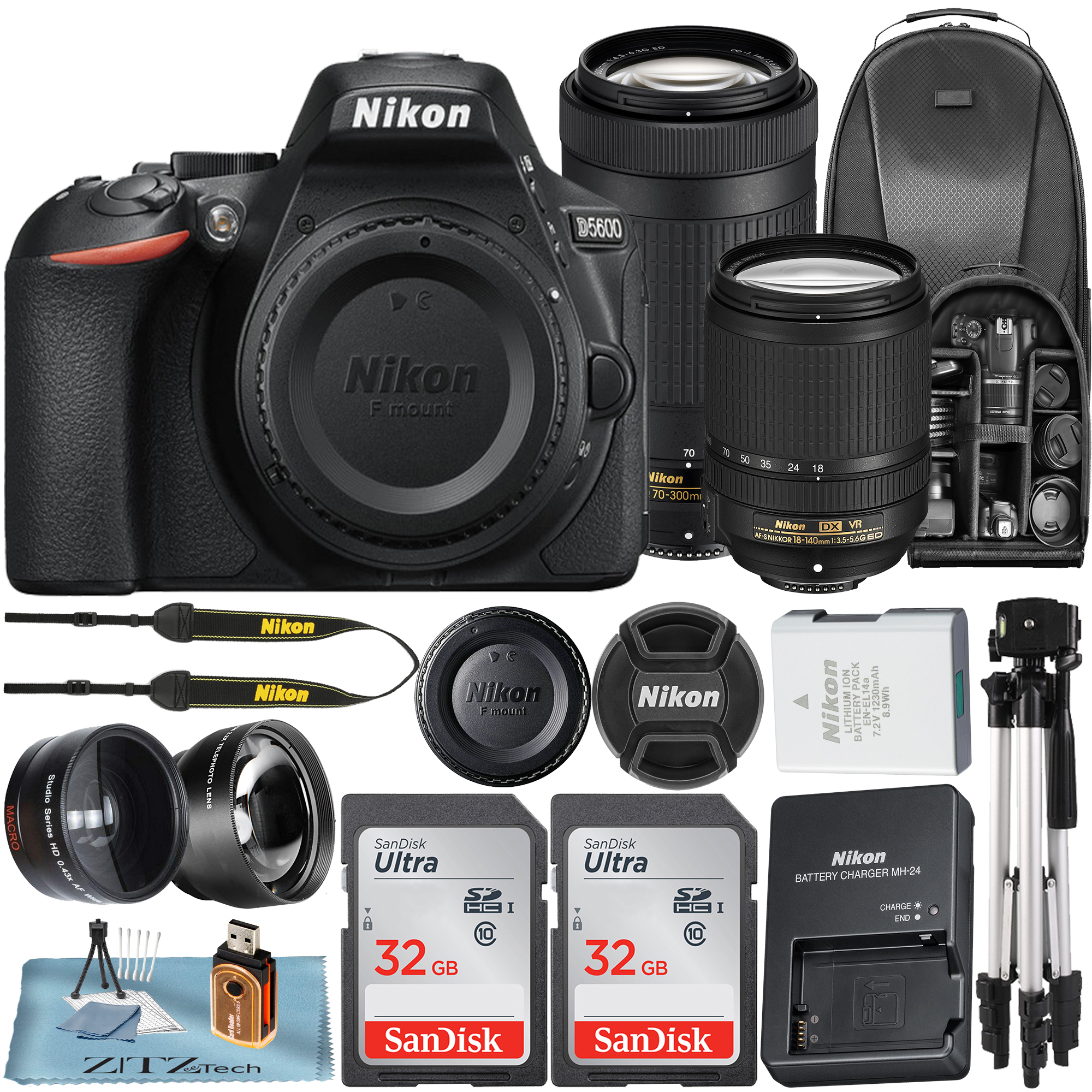 Nikon D5600 Digital SLR Camera with 18-140mm + 70-300mm Lens + 2 Pcs 32GB SanDisk Memory Card + Deluxe Backpack + Tripod + ZeeTech Accessory Bundle