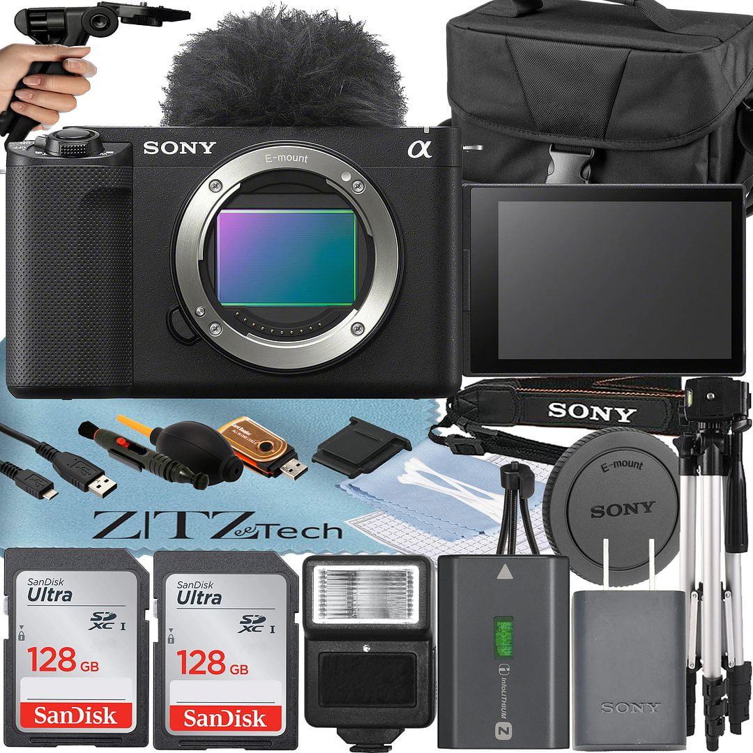 Sony ZV-E1 Mirrorless Camera Black (Body Only) with 2 Pack SanDisk 128GB Card + Case + Tripod + Flash + ZeeTech Accessory Bundle