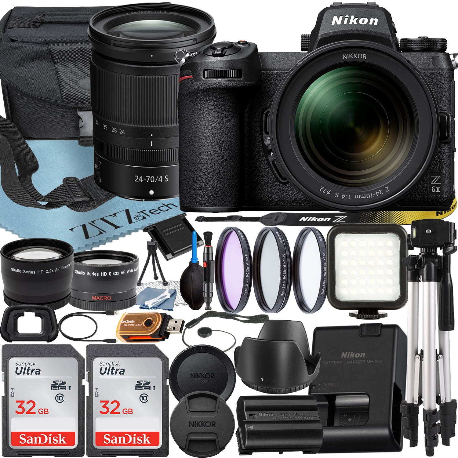 Nikon Z6 II Mirrorless Camera with NIKKOR Z 24-70mm f/4 S Lens + SanDisk 32GB Card + Case + Wideangle + Tripod + ZeeTech Accessory Bundle