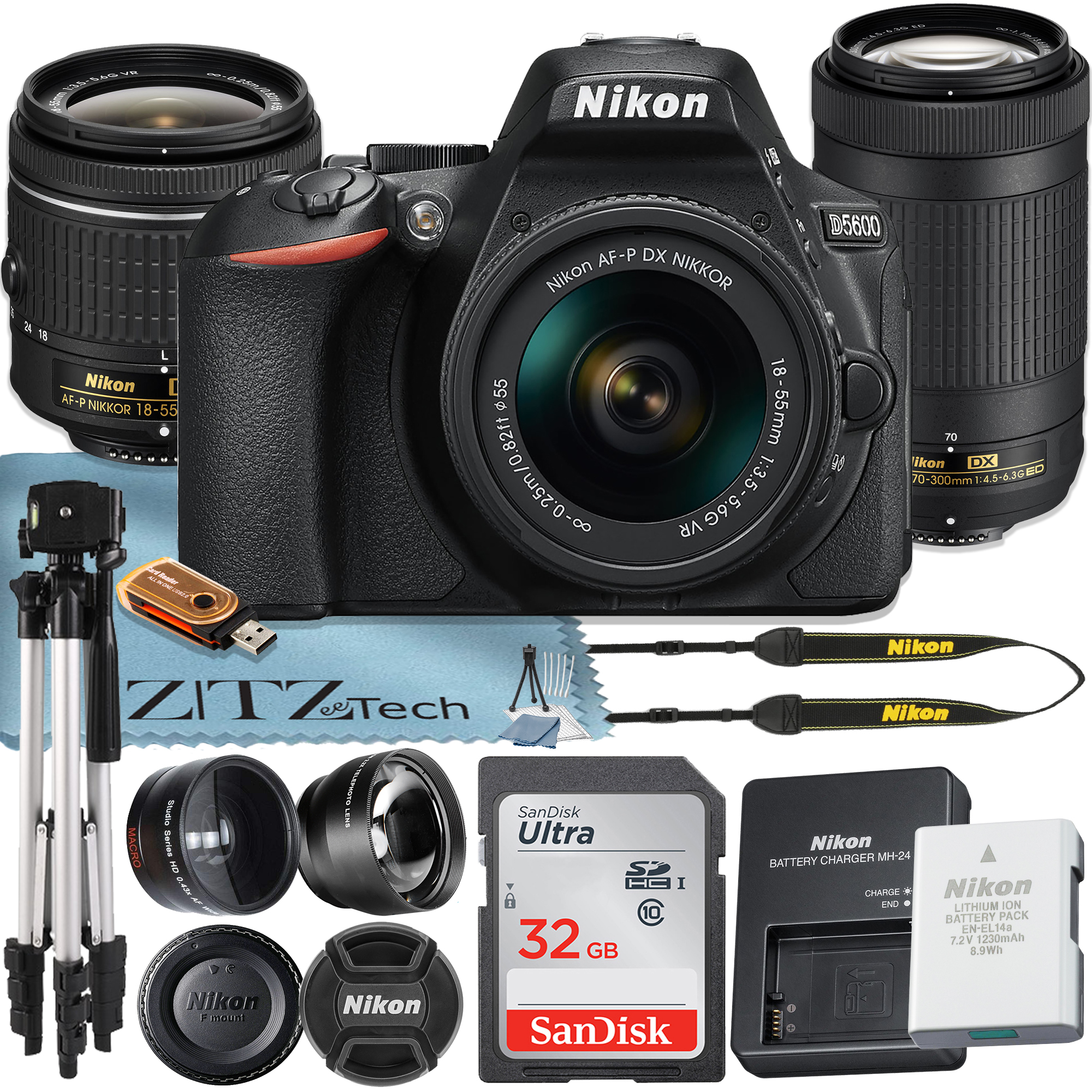 Nikon D5600 DSLR Camera 24.2MP DX-Format with 18-55mm + 70-300mm Lens + SanDisk 32GB Memory Card + Tripod + ZeeTech Accessory Bundle