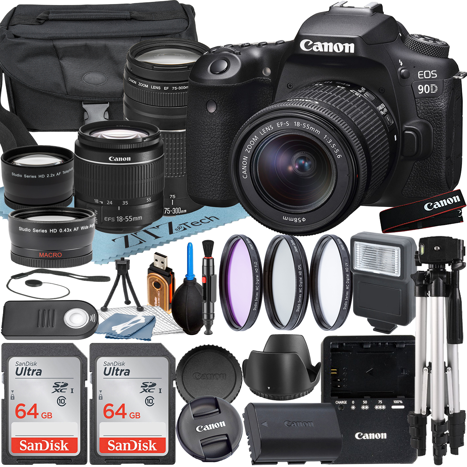 Canon EOS 90D DSLR Camera with 18-55mm + 75-300mm Lens + SanDisk 64GB Card + Case + Wideangle + Tripod + ZeeTech Accessory Bundle