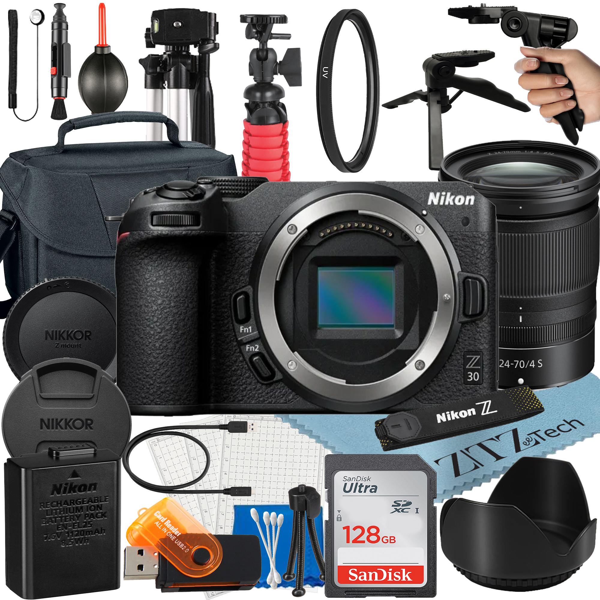 Nikon Z30 Mirrorless Camera Bundle with NIKKOR Z 24-70mm f/4 S Lens + 128GB SanDisk Card + Case + Tripod + ZeeTech Accessory