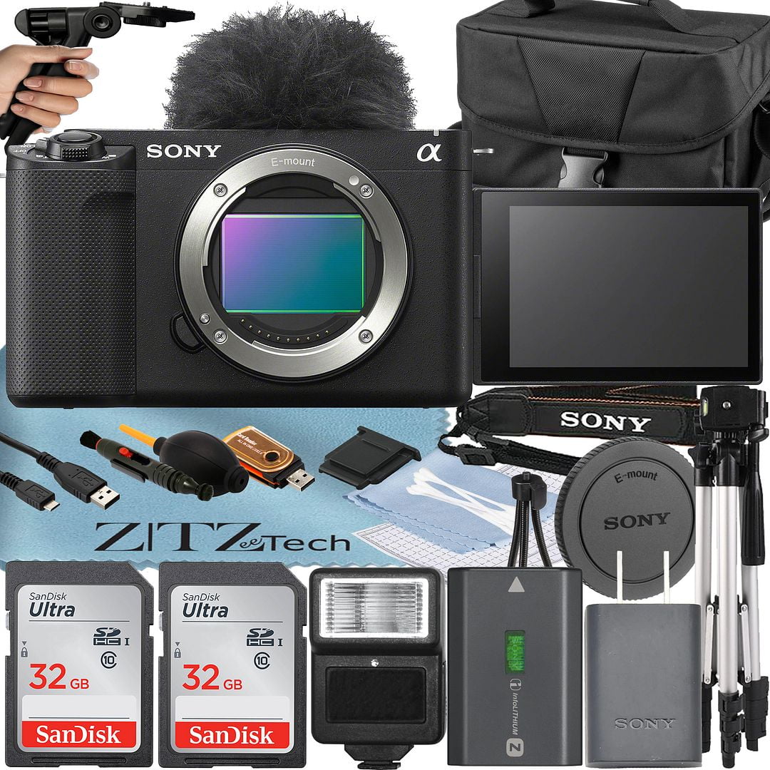 Sony ZV-E1 Mirrorless Camera Black (Body Only) with 2 Pack SanDisk 32GB Card + Case + Tripod + Flash + ZeeTech Accessory Bundle